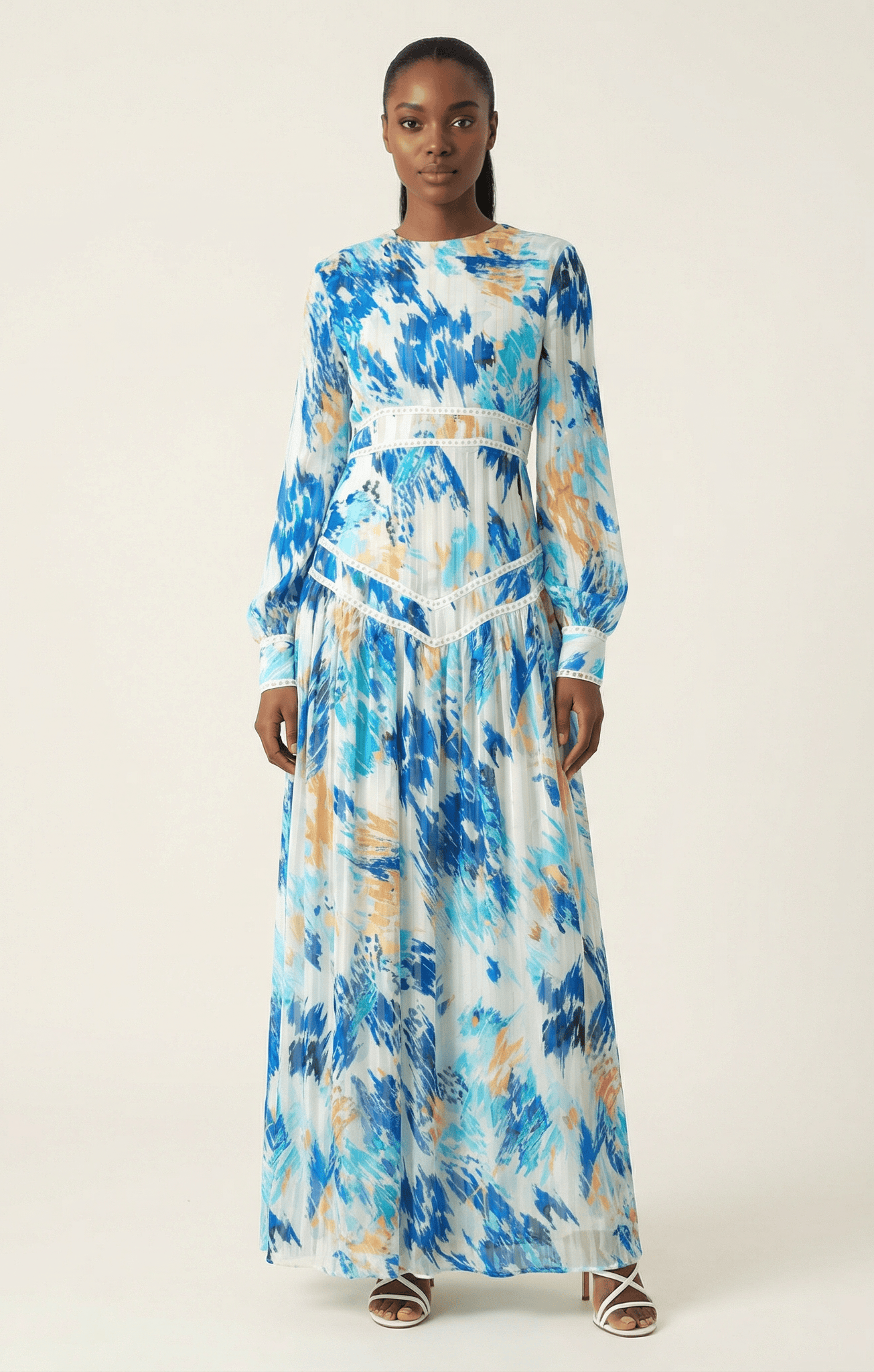 Hiba Abstract print chiffon shimmer modest dress Kabayare