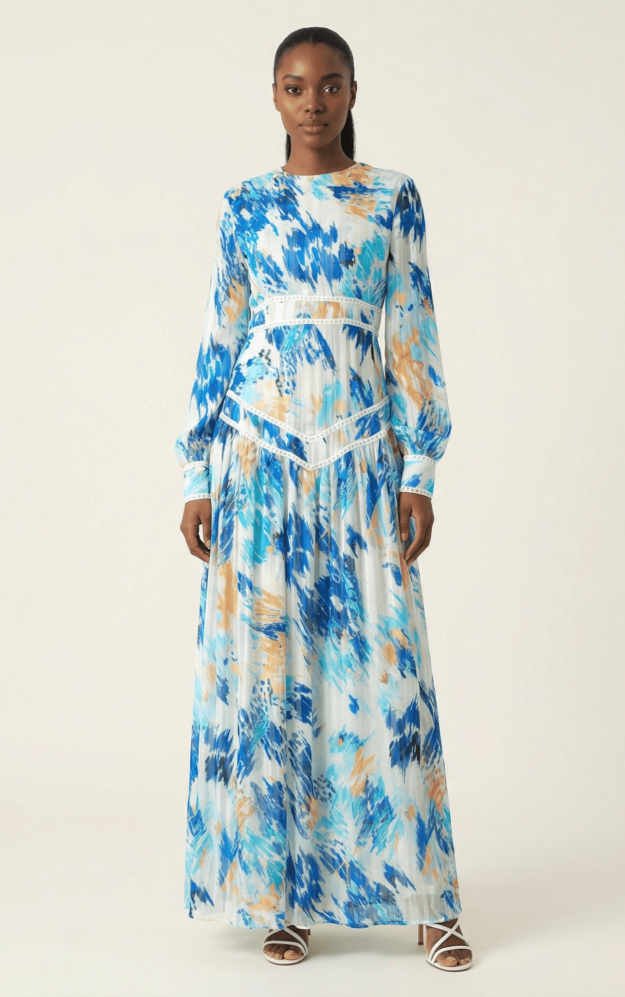 Hiba Abstract print chiffon shimmer modest dress Kabayare