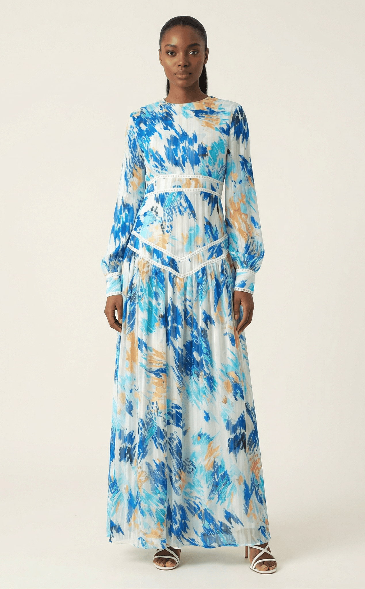 Hiba Abstract print chiffon shimmer modest dress Kabayare