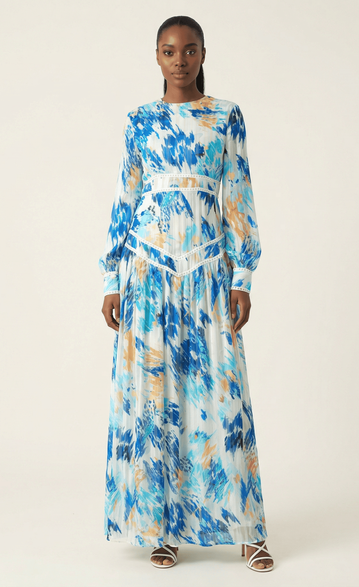 Hiba Abstract print chiffon shimmer modest dress Kabayare