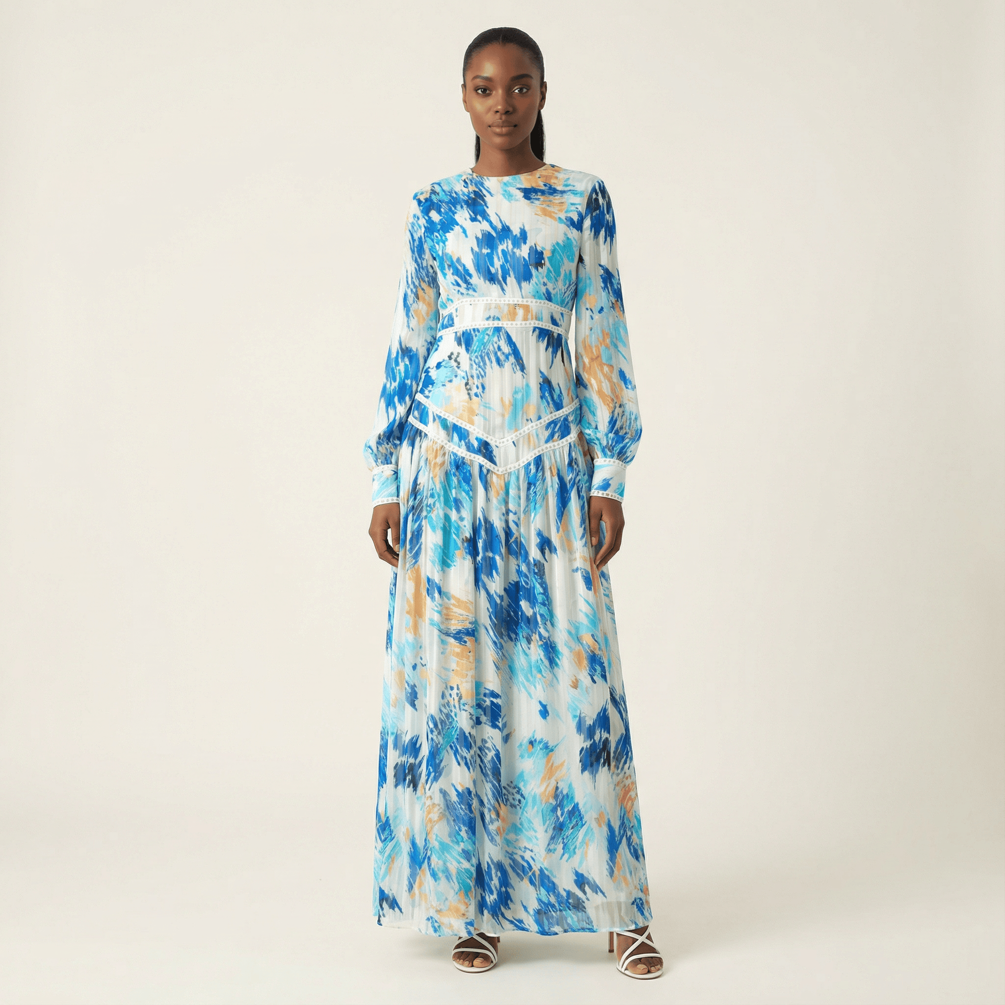 Hiba Abstract print chiffon shimmer modest dress Kabayare