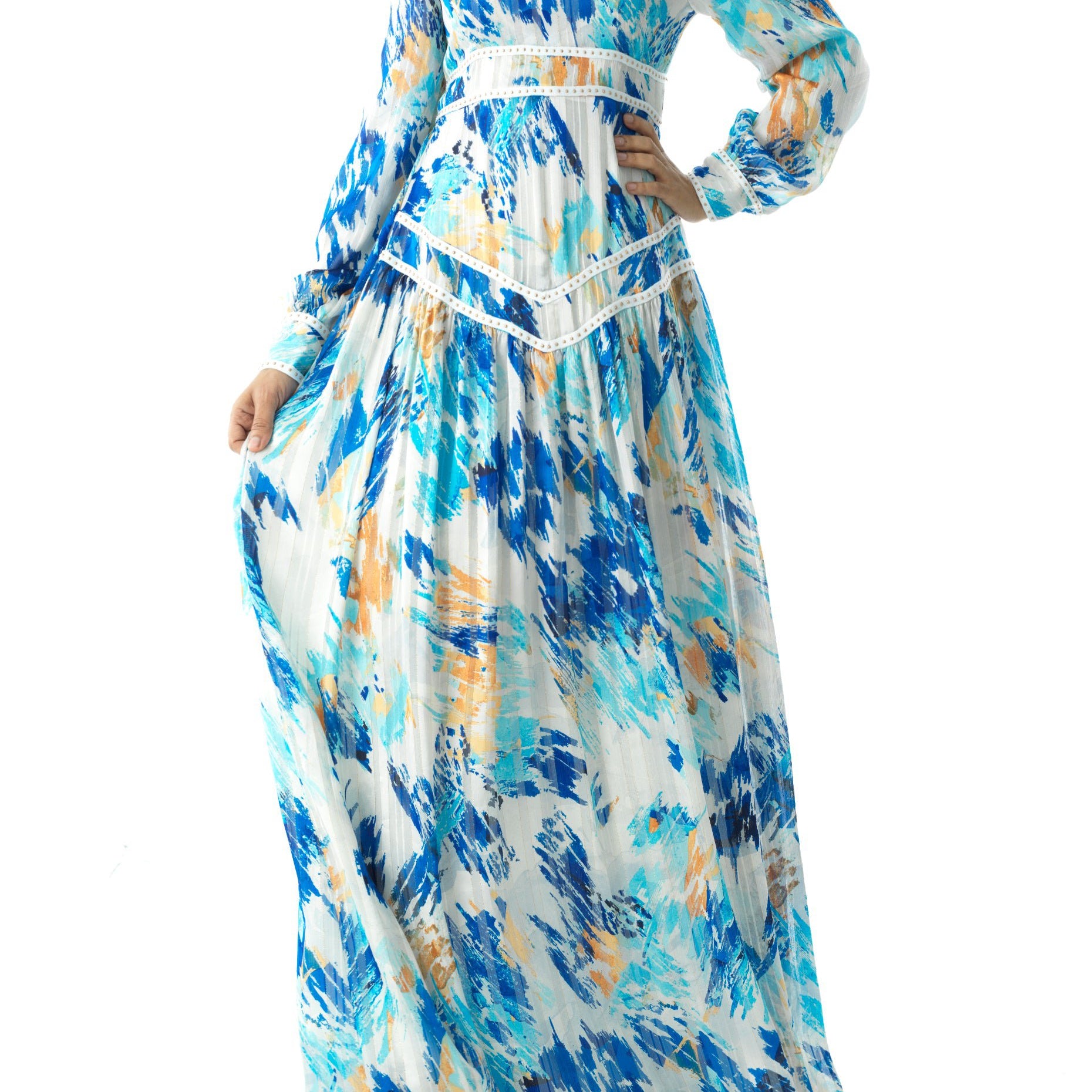 Hiba Abstract print chiffon shimmer modest dress Kabayare