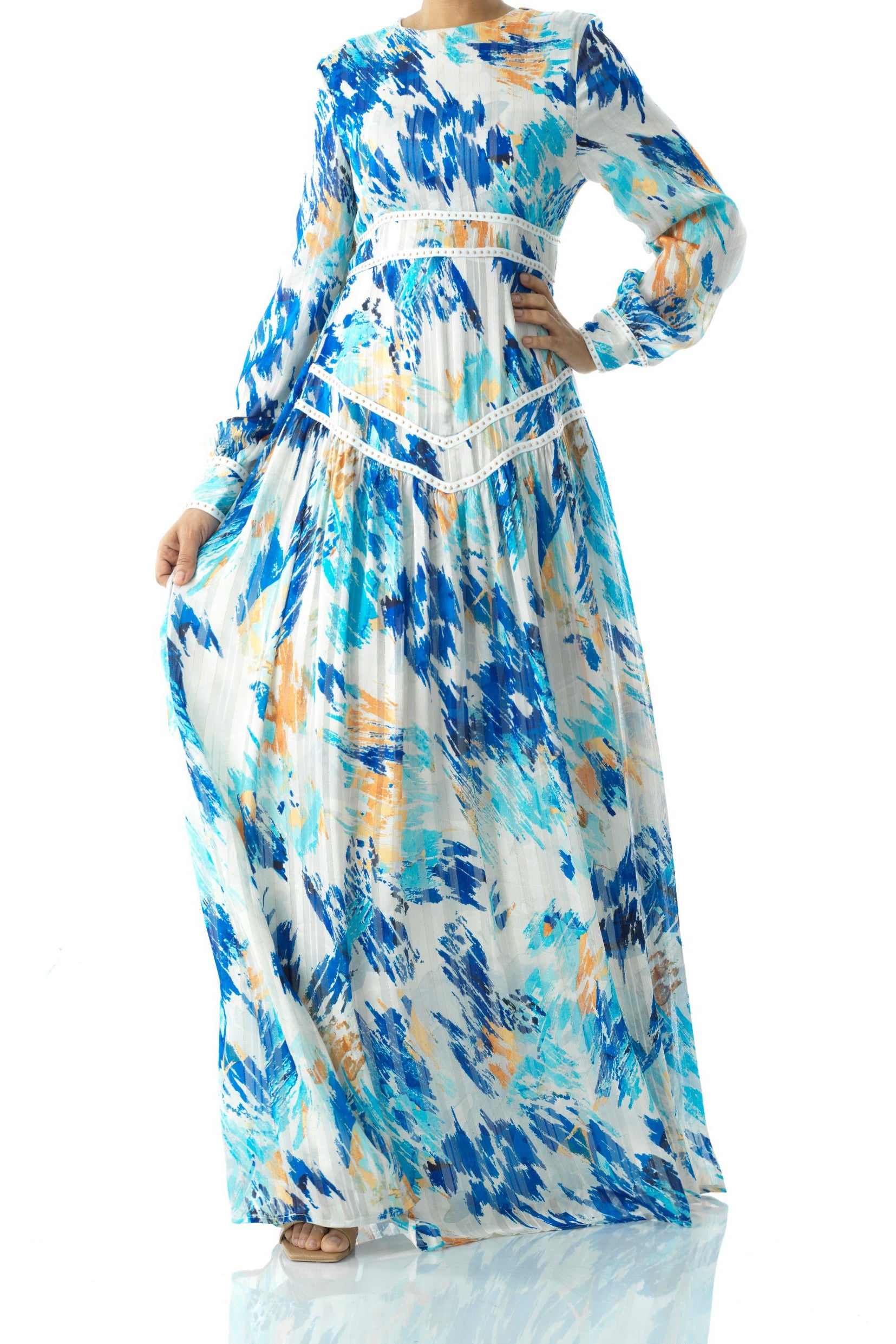 Hiba Abstract print chiffon shimmer modest dress Kabayare