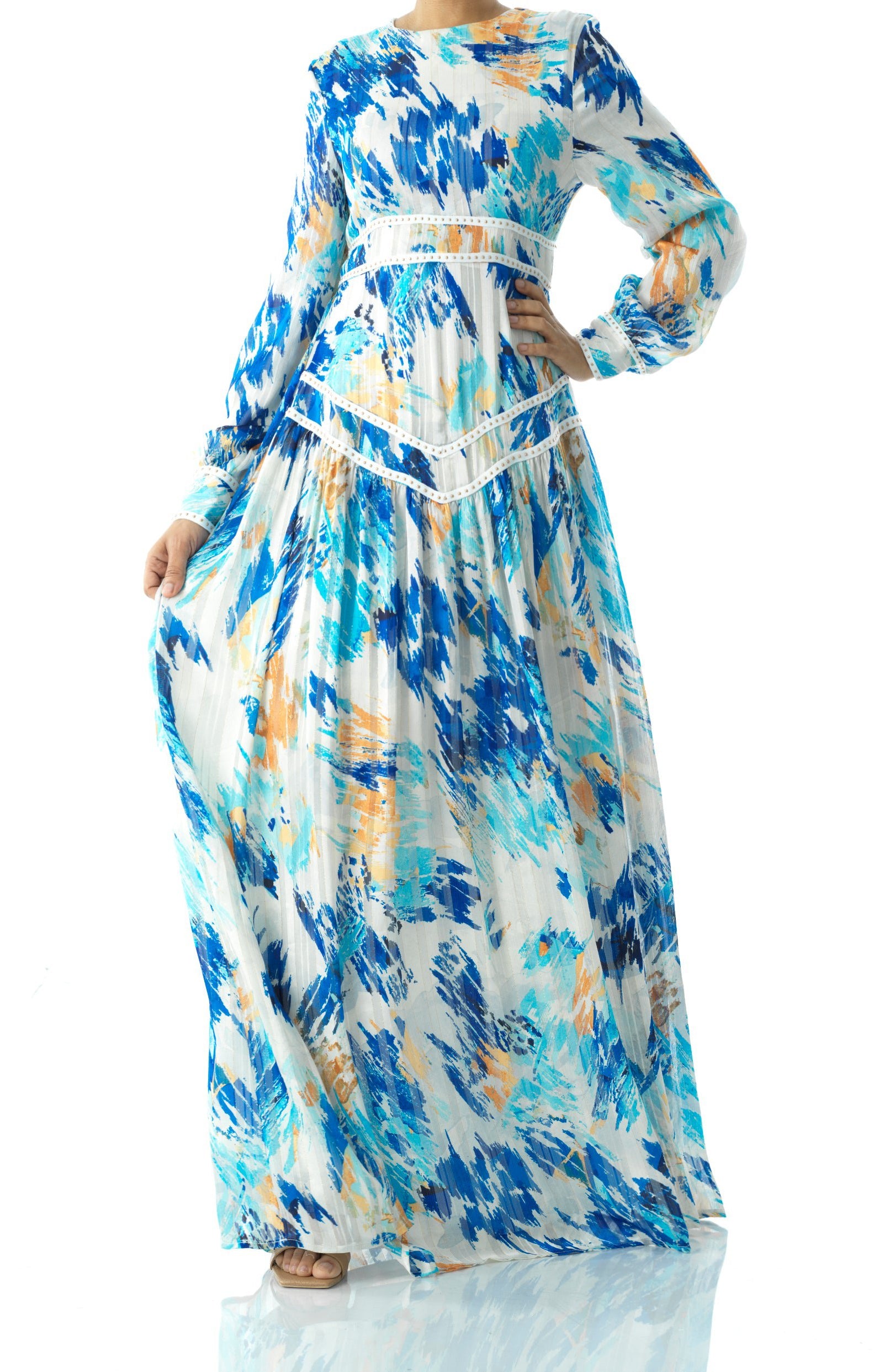 Hiba Abstract print chiffon shimmer modest dress Kabayare