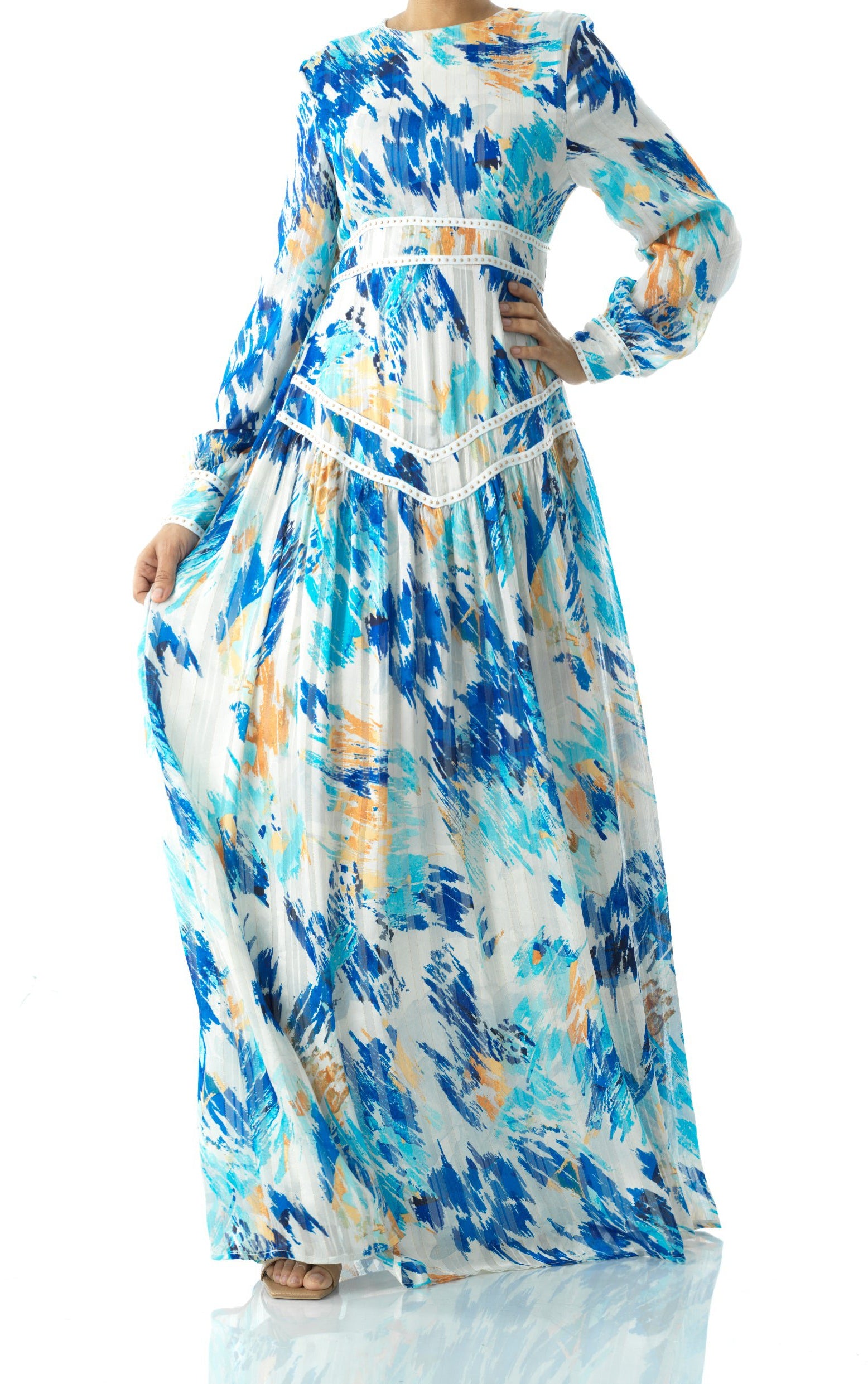 Hiba Abstract print chiffon shimmer modest dress Kabayare