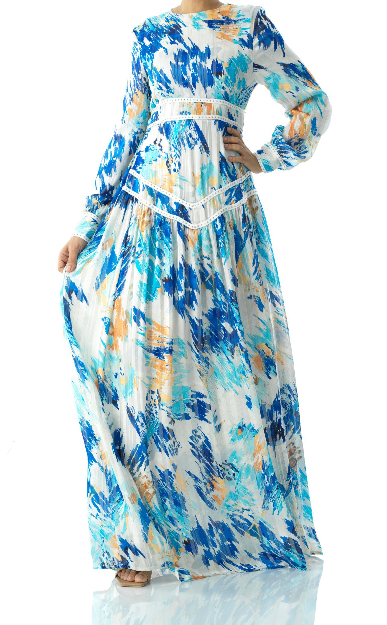 Hiba Abstract print chiffon shimmer modest dress Kabayare