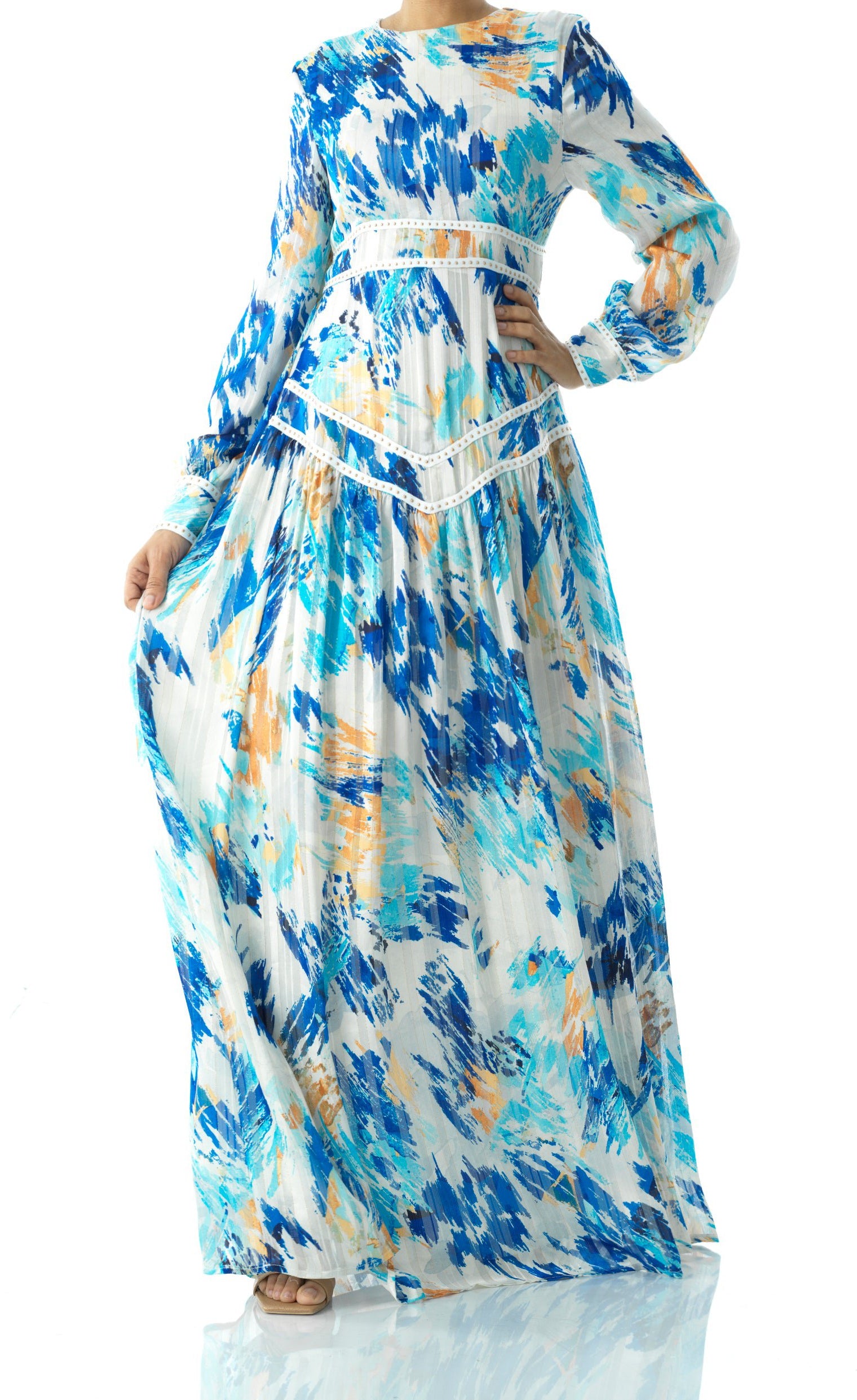 Hiba Abstract print chiffon shimmer modest dress Kabayare