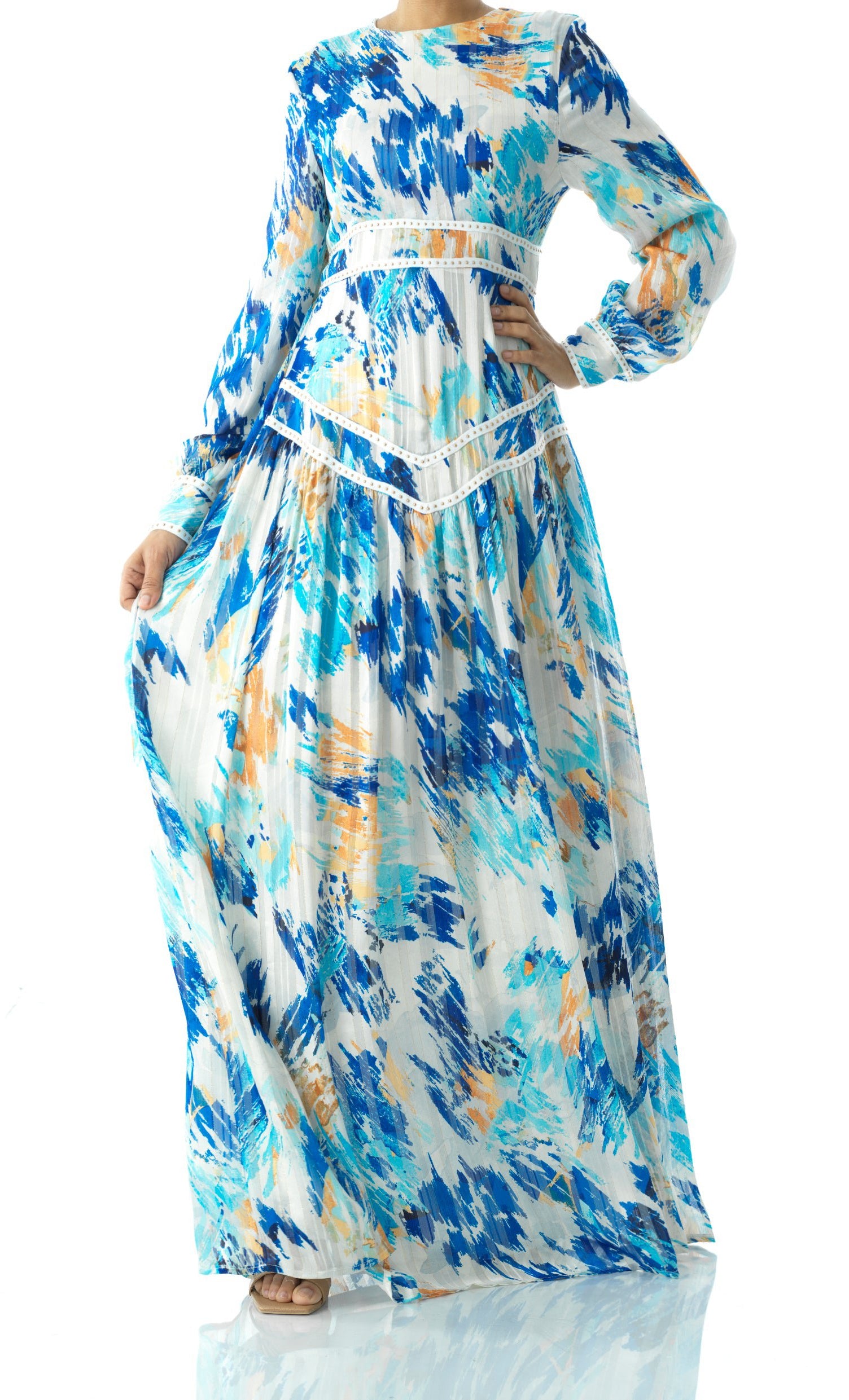 Hiba Abstract print chiffon shimmer modest dress Kabayare
