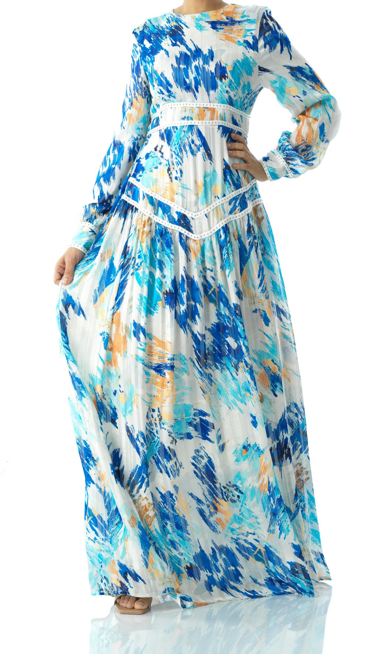 Hiba Abstract print chiffon shimmer modest dress Kabayare