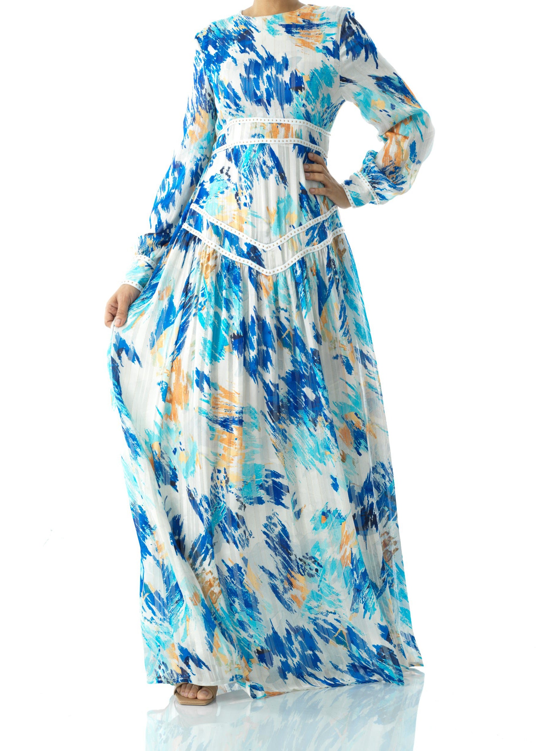 Hiba Abstract print chiffon shimmer modest dress Kabayare