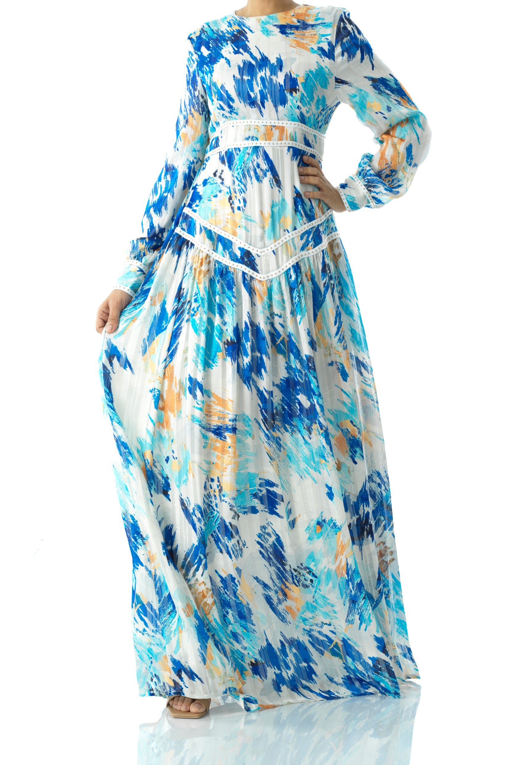 Hiba Abstract print chiffon shimmer modest dress Kabayare