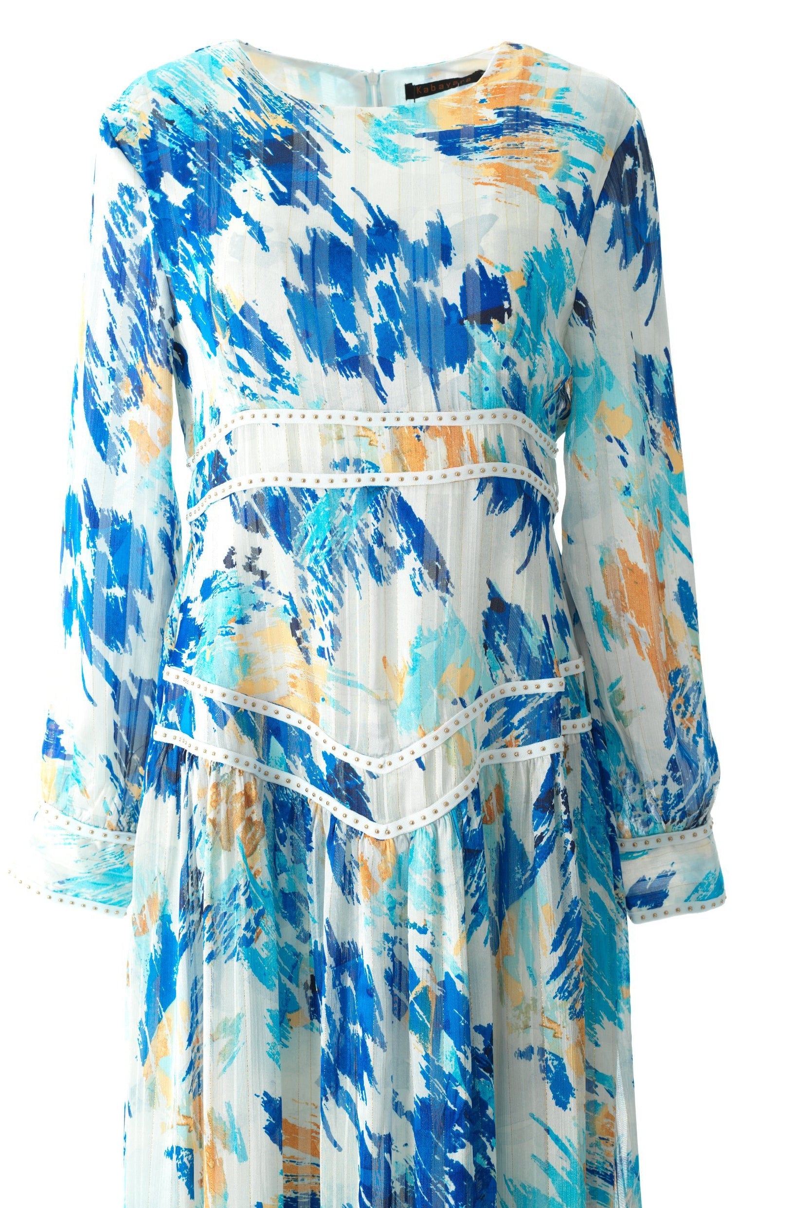 Hiba Abstract print silk chiffon shimmer maxi dress Kabayare