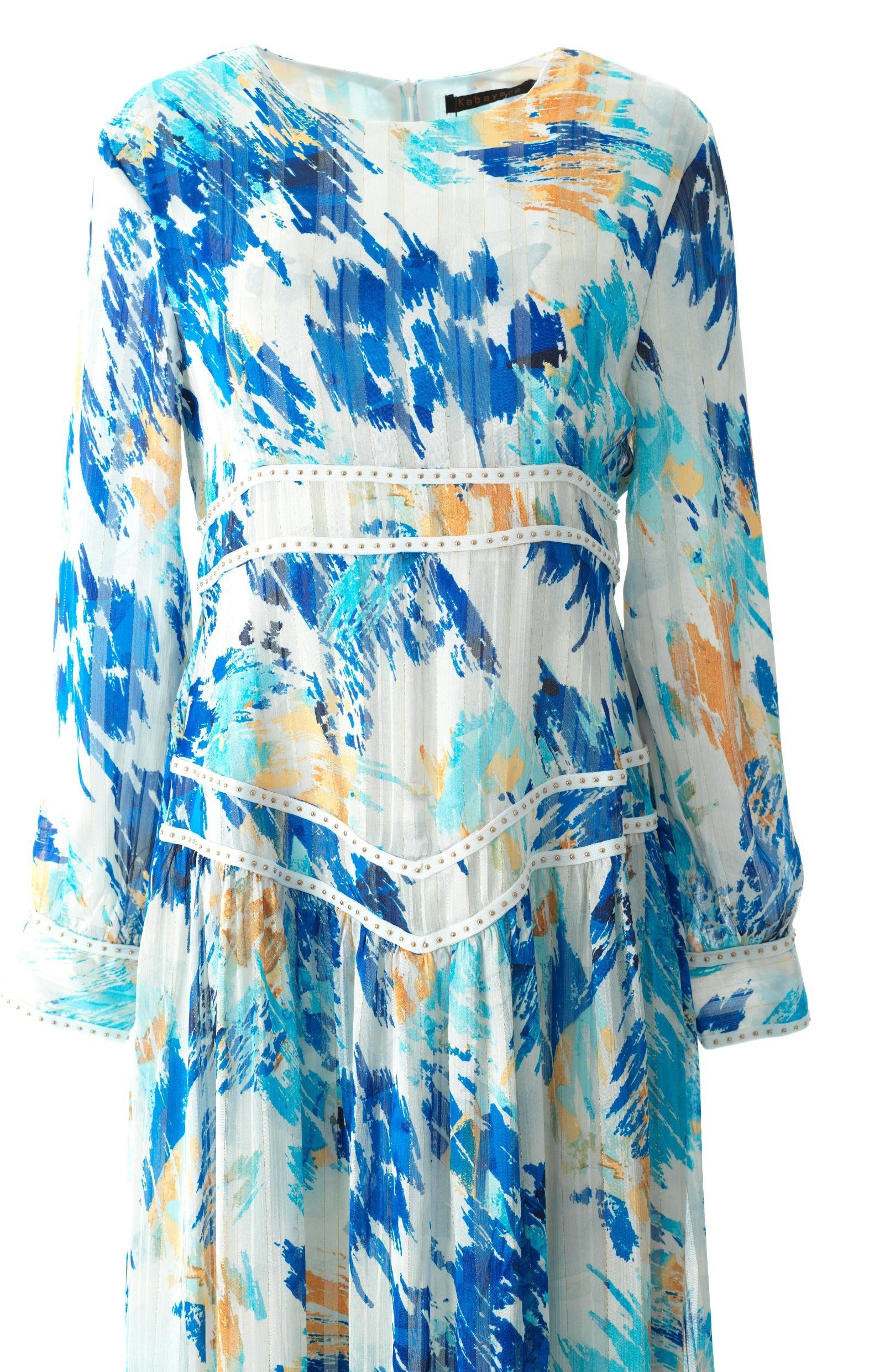 Hiba Abstract print silk chiffon shimmer maxi dress Kabayare