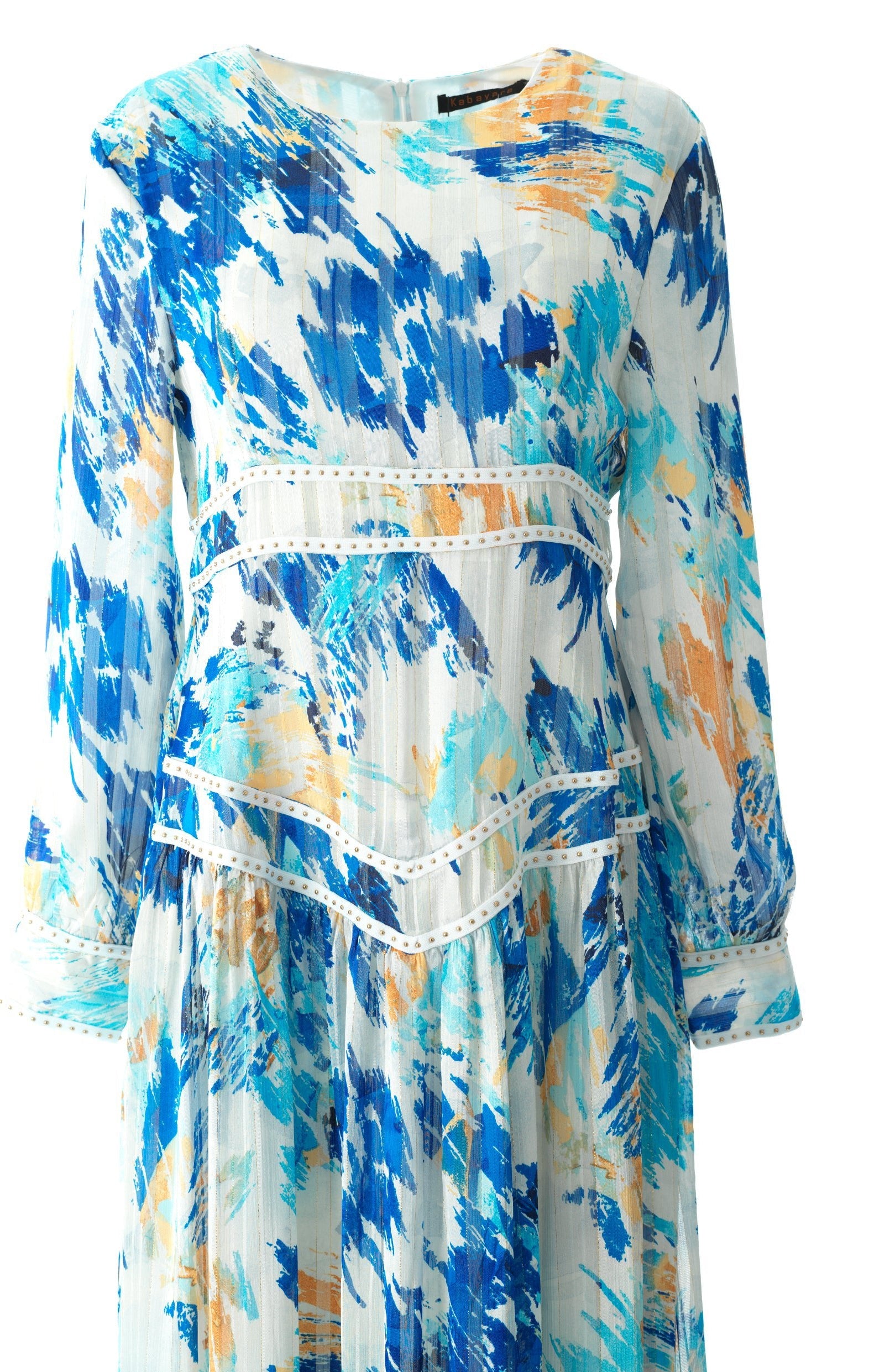 Hiba Abstract print silk chiffon shimmer maxi dress Kabayare