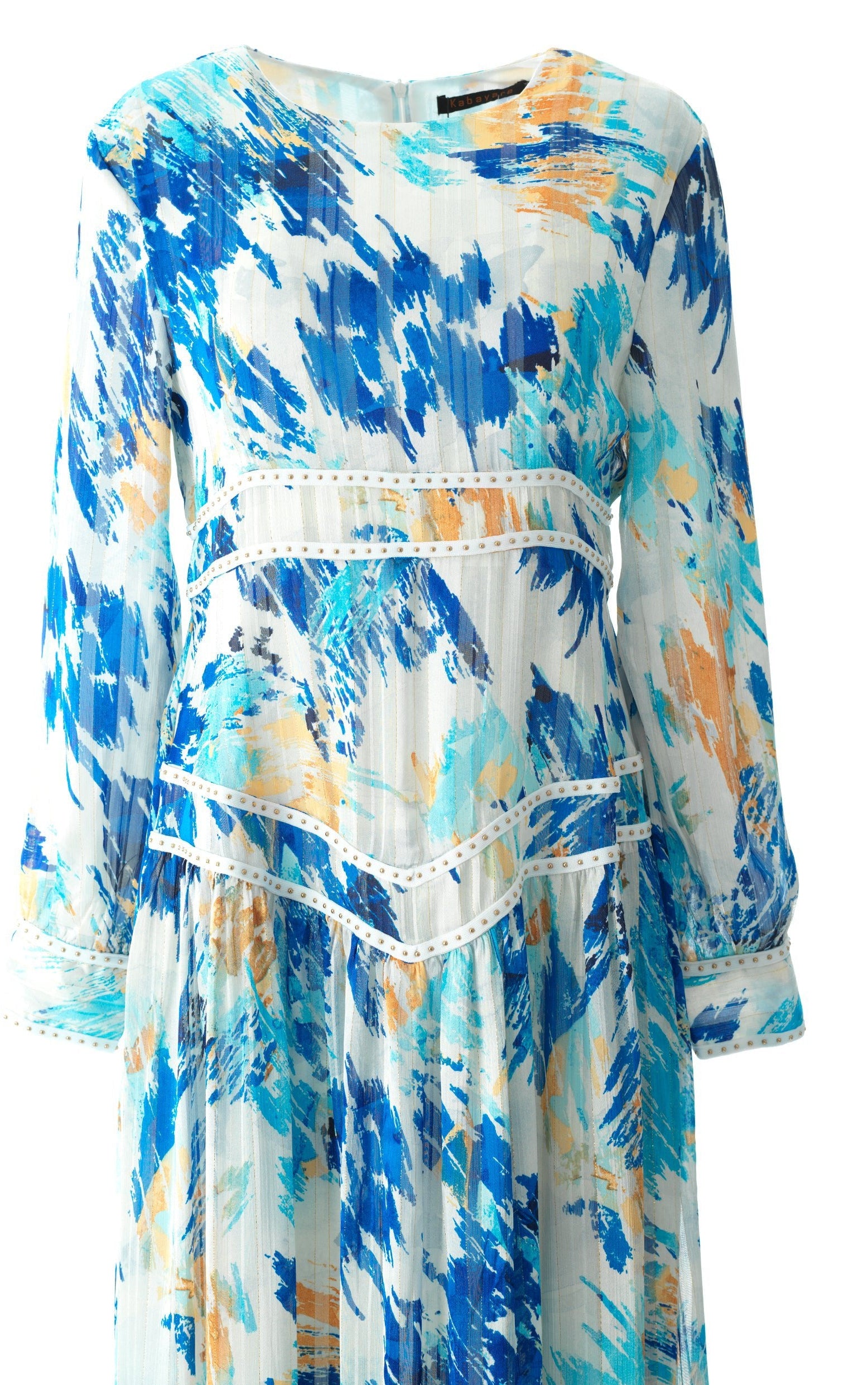 Hiba Abstract print silk chiffon shimmer maxi dress Kabayare