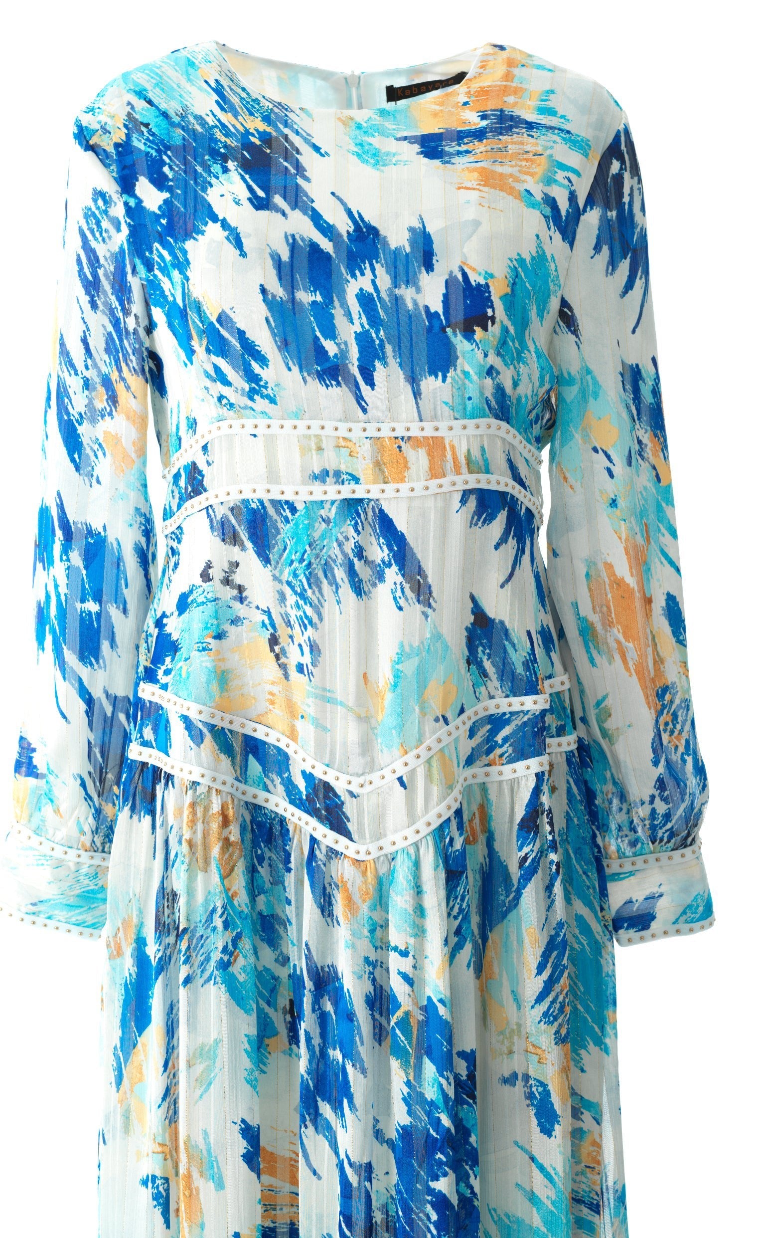 Hiba Abstract print silk chiffon shimmer maxi dress Kabayare