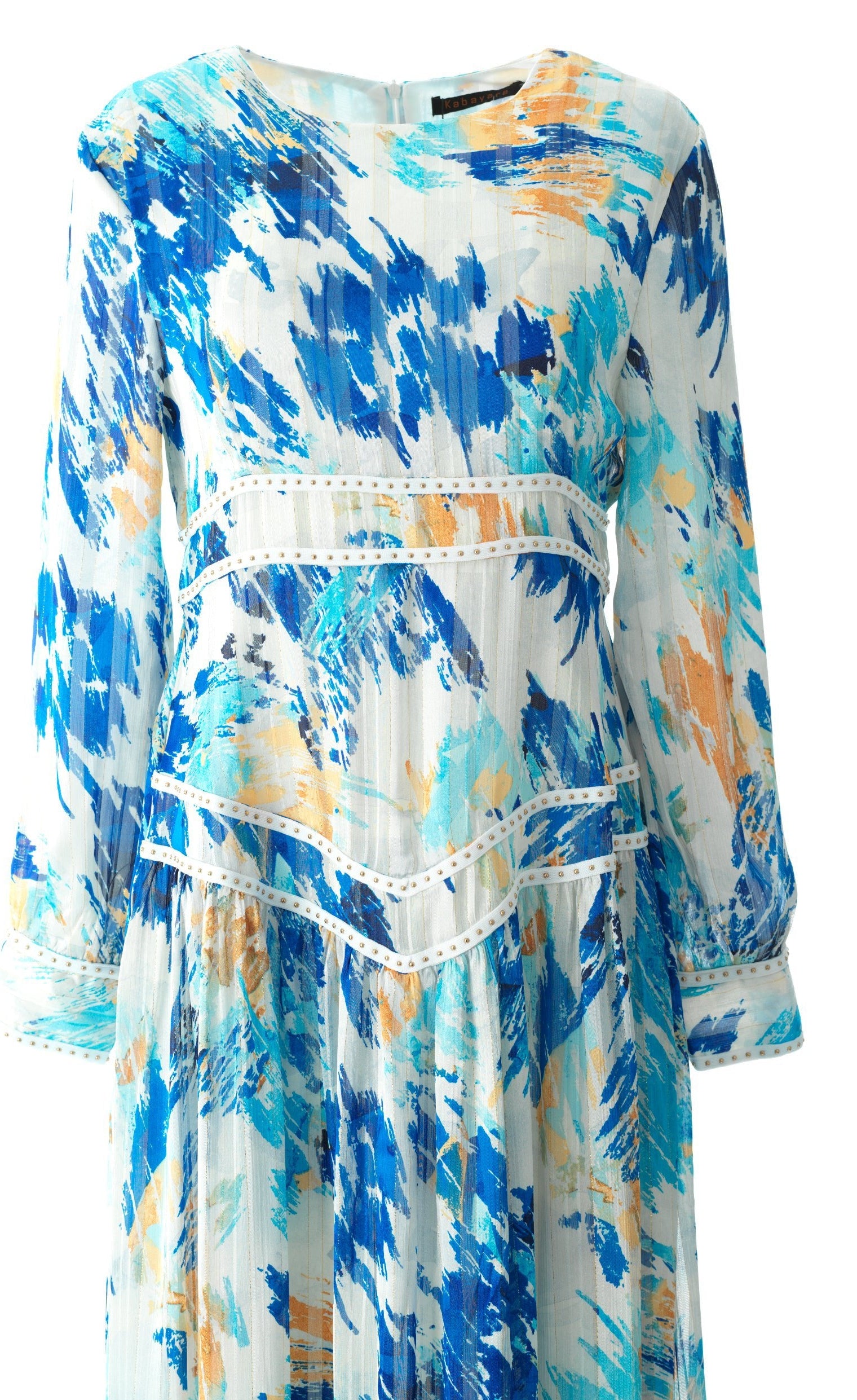 Hiba Abstract print silk chiffon shimmer maxi dress Kabayare