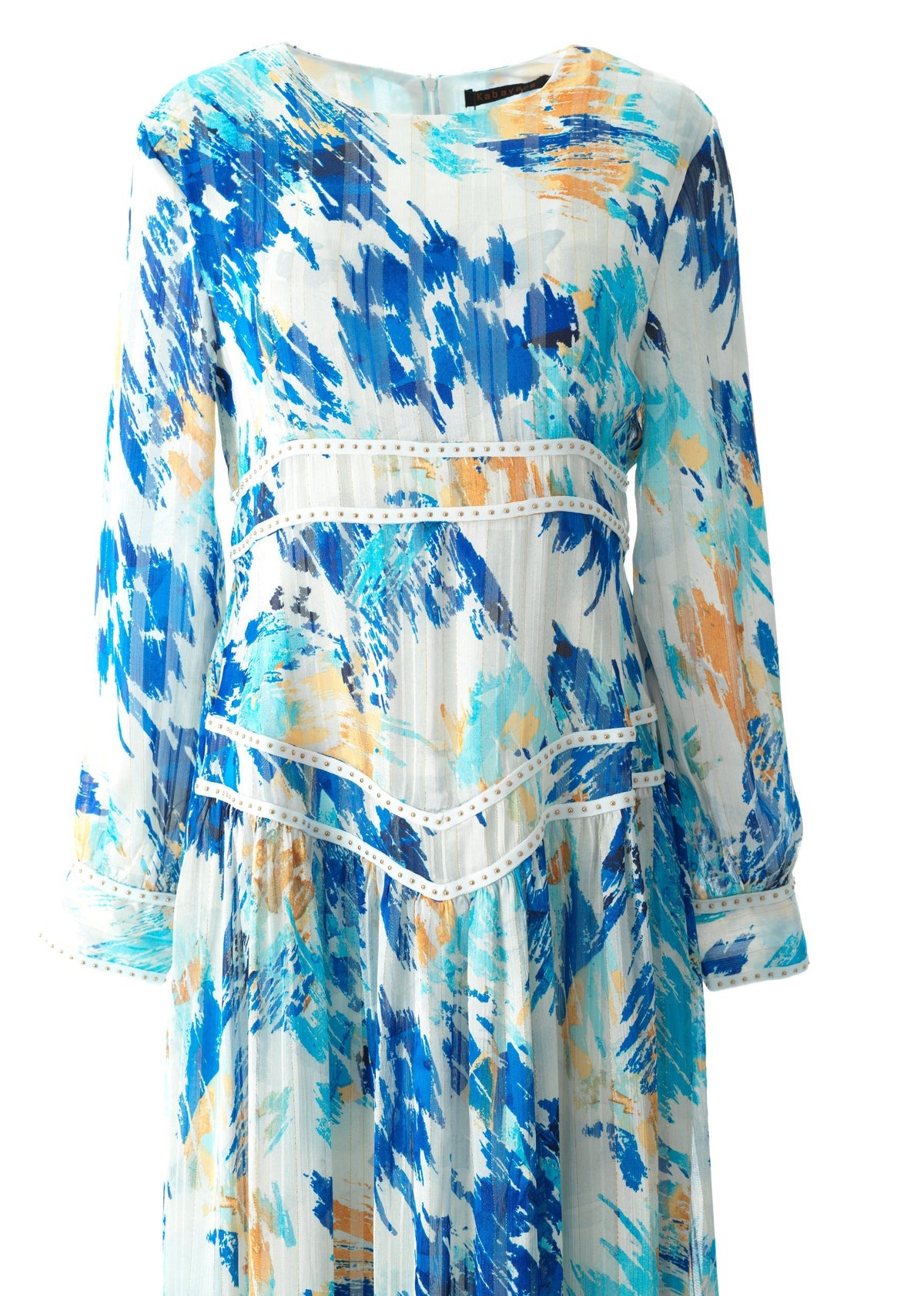 Hiba Abstract print silk chiffon shimmer maxi dress Kabayare
