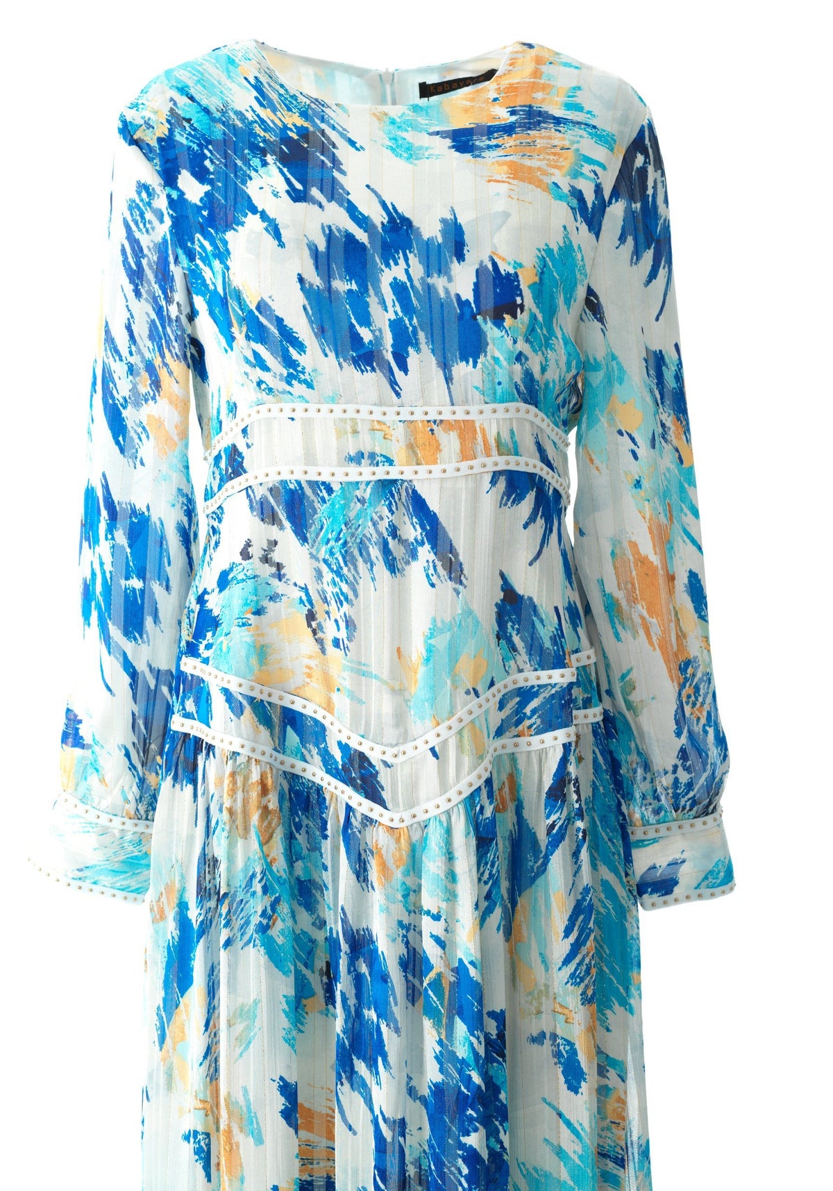 Hiba Abstract print silk chiffon shimmer maxi dress Kabayare