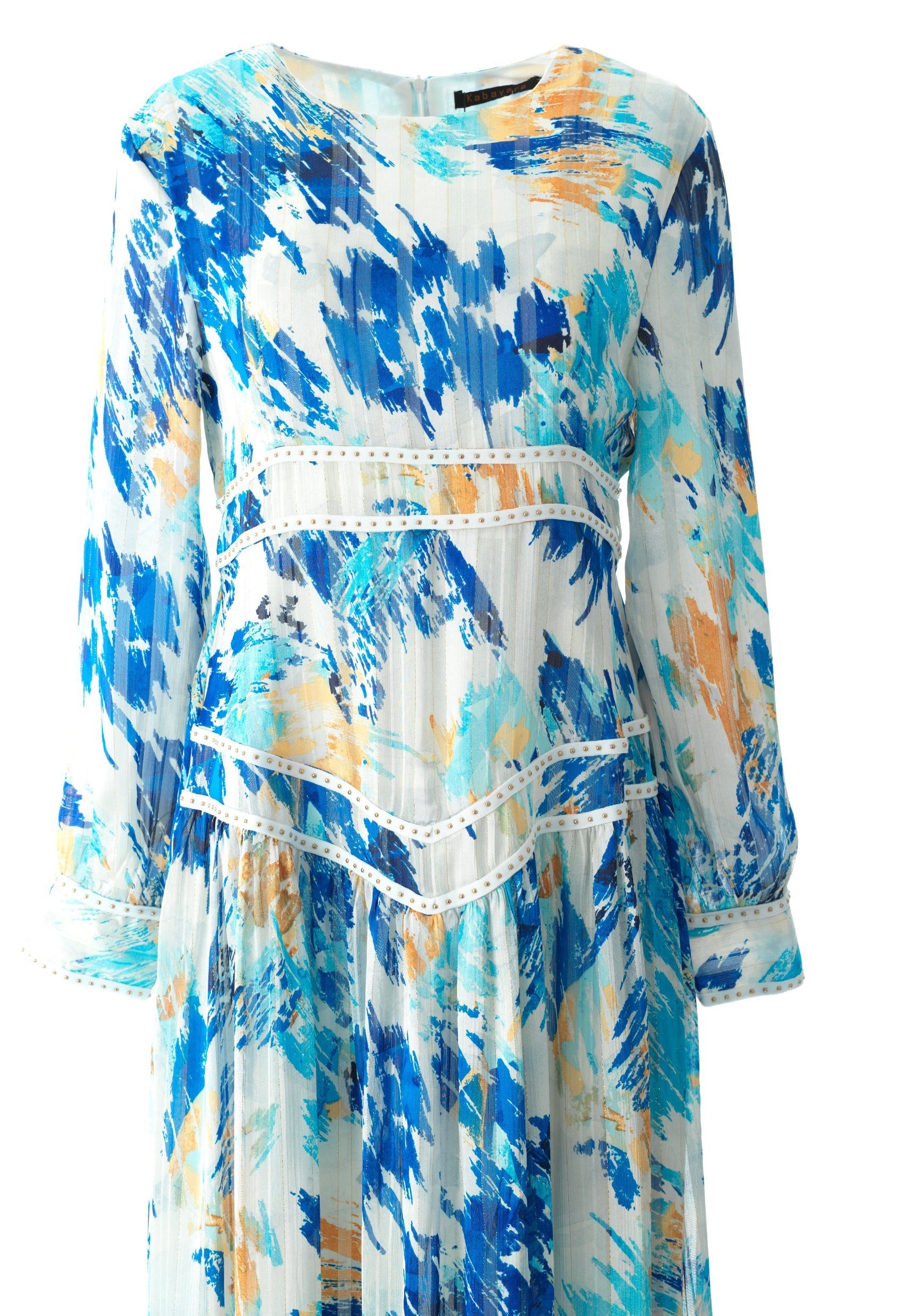 Hiba Abstract print silk chiffon shimmer maxi dress Kabayare