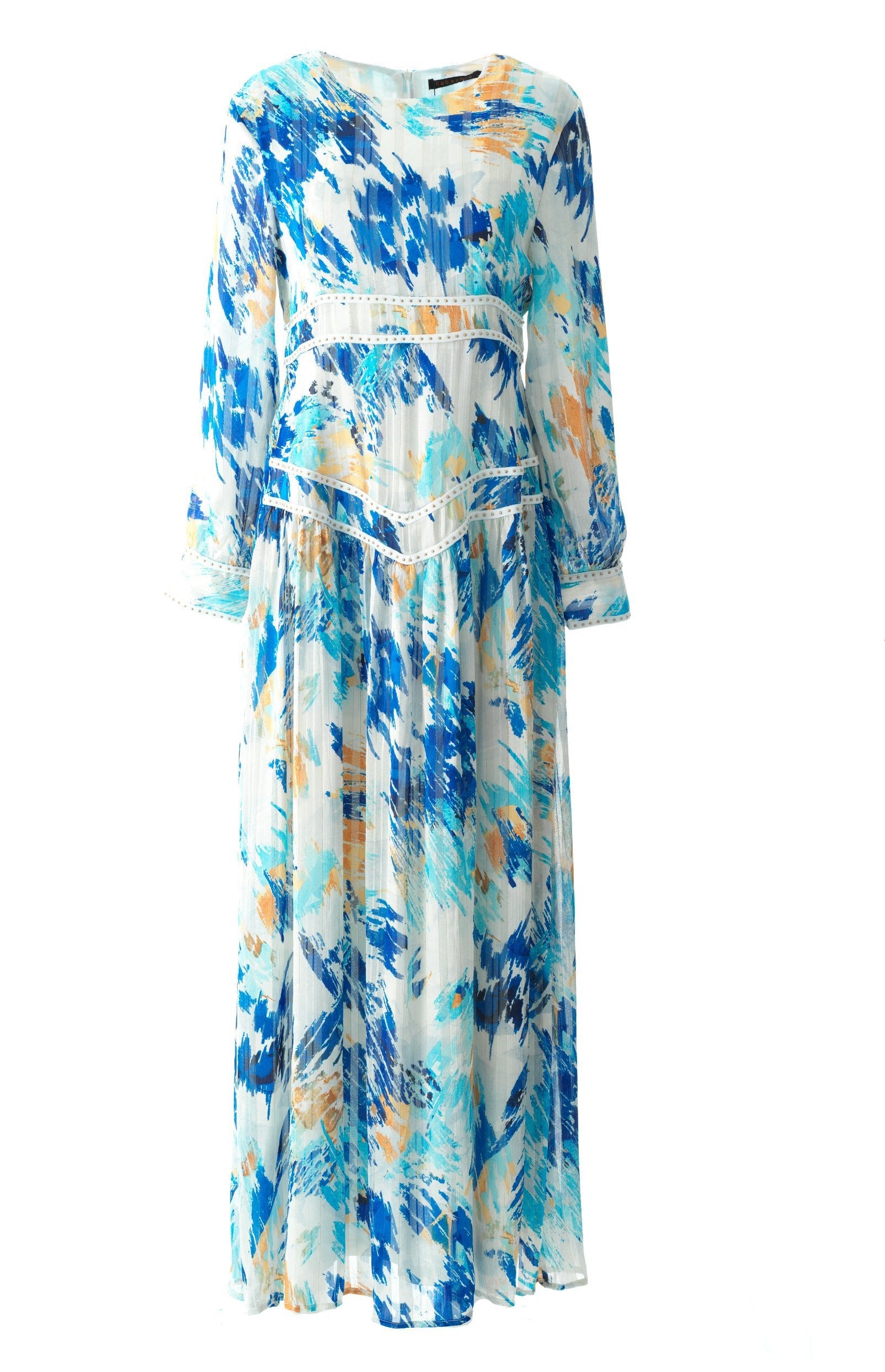 Hiba Abstract print silk chiffon shimmer maxi dress Kabayare