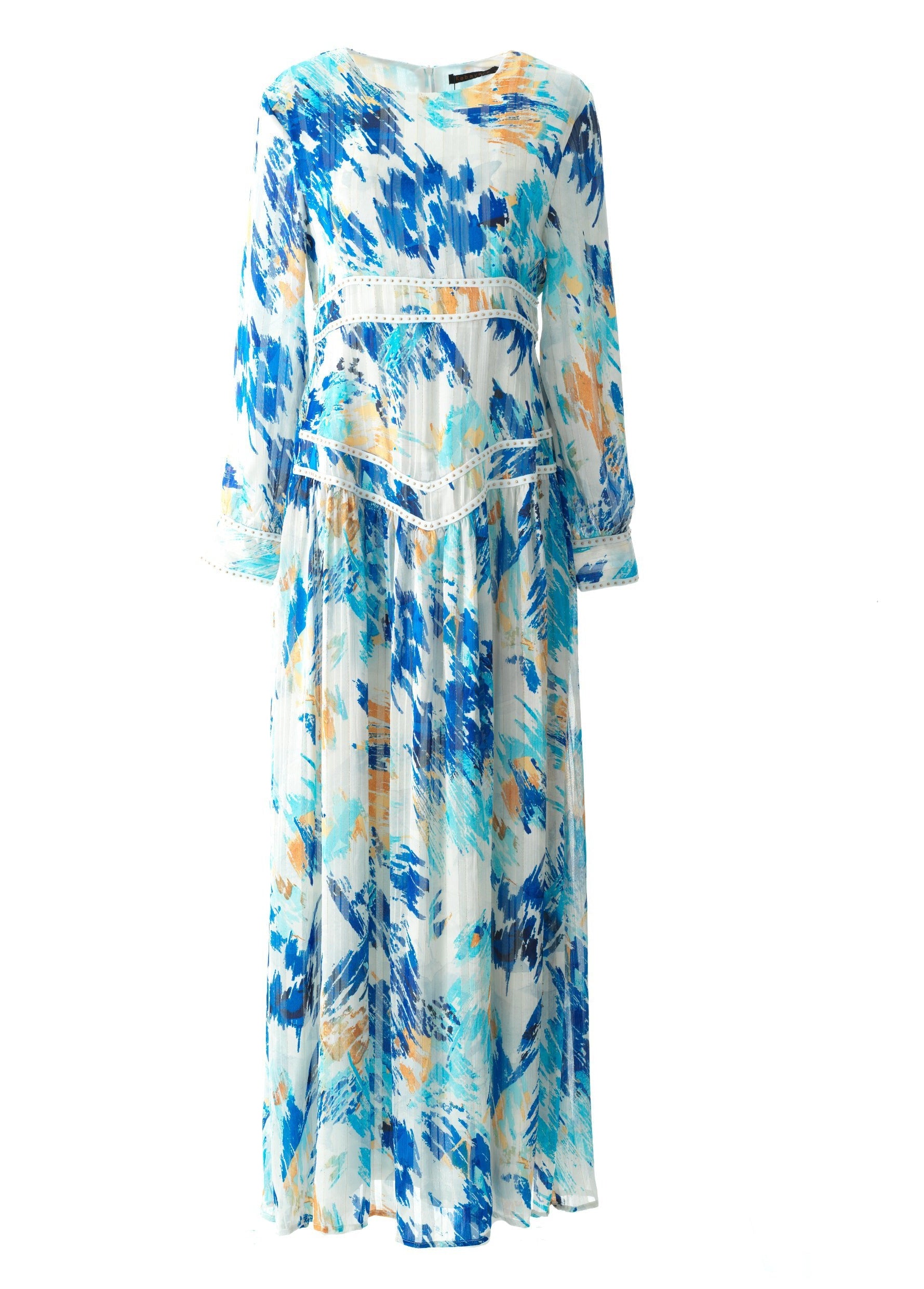 Hiba Abstract print silk chiffon shimmer maxi dress Kabayare