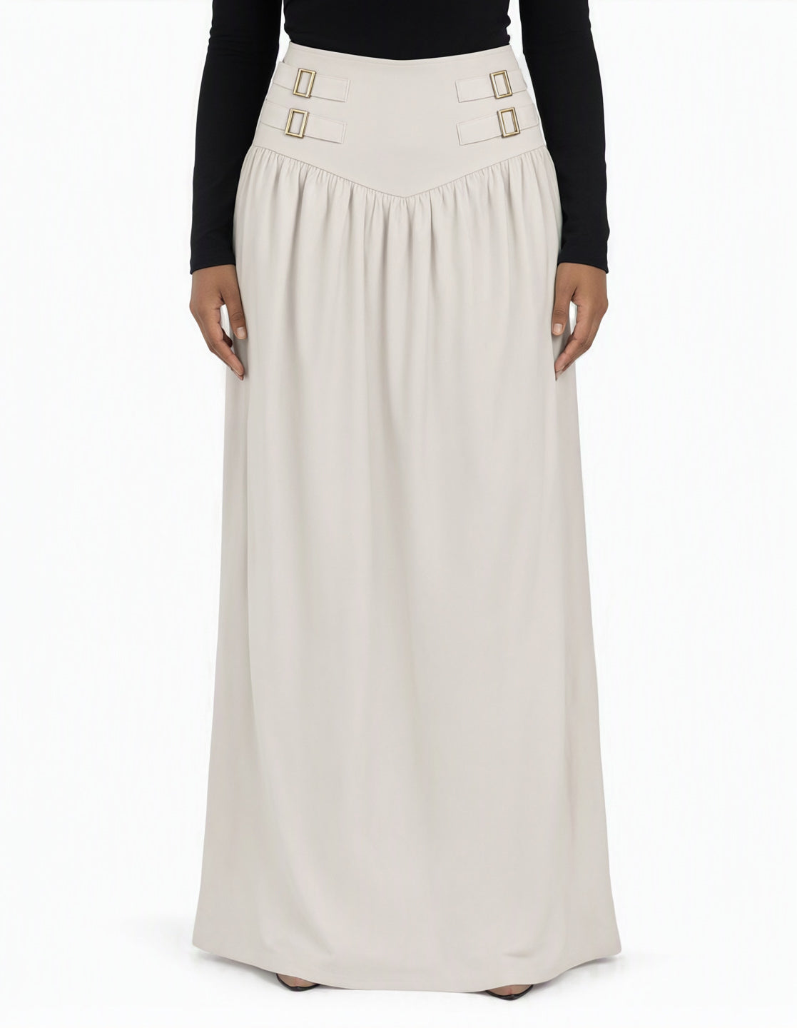 Ivory Equestrian buckle waist modest maxi skirt Kabayare