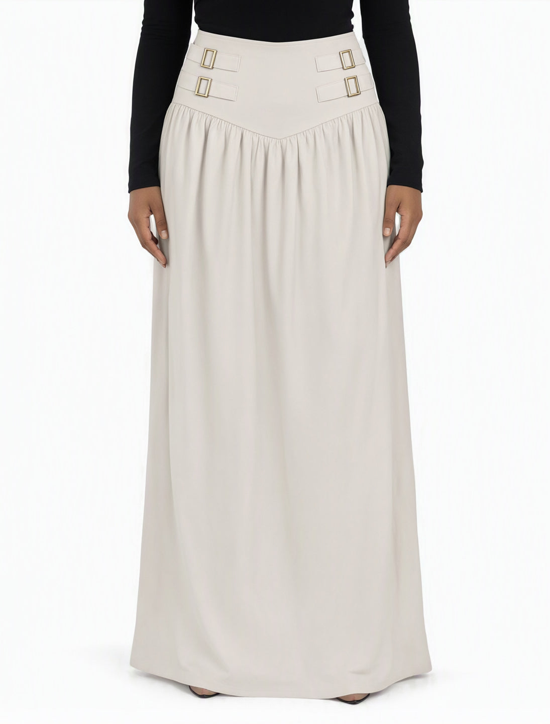 Ivory Equestrian buckle waist modest maxi skirt Kabayare