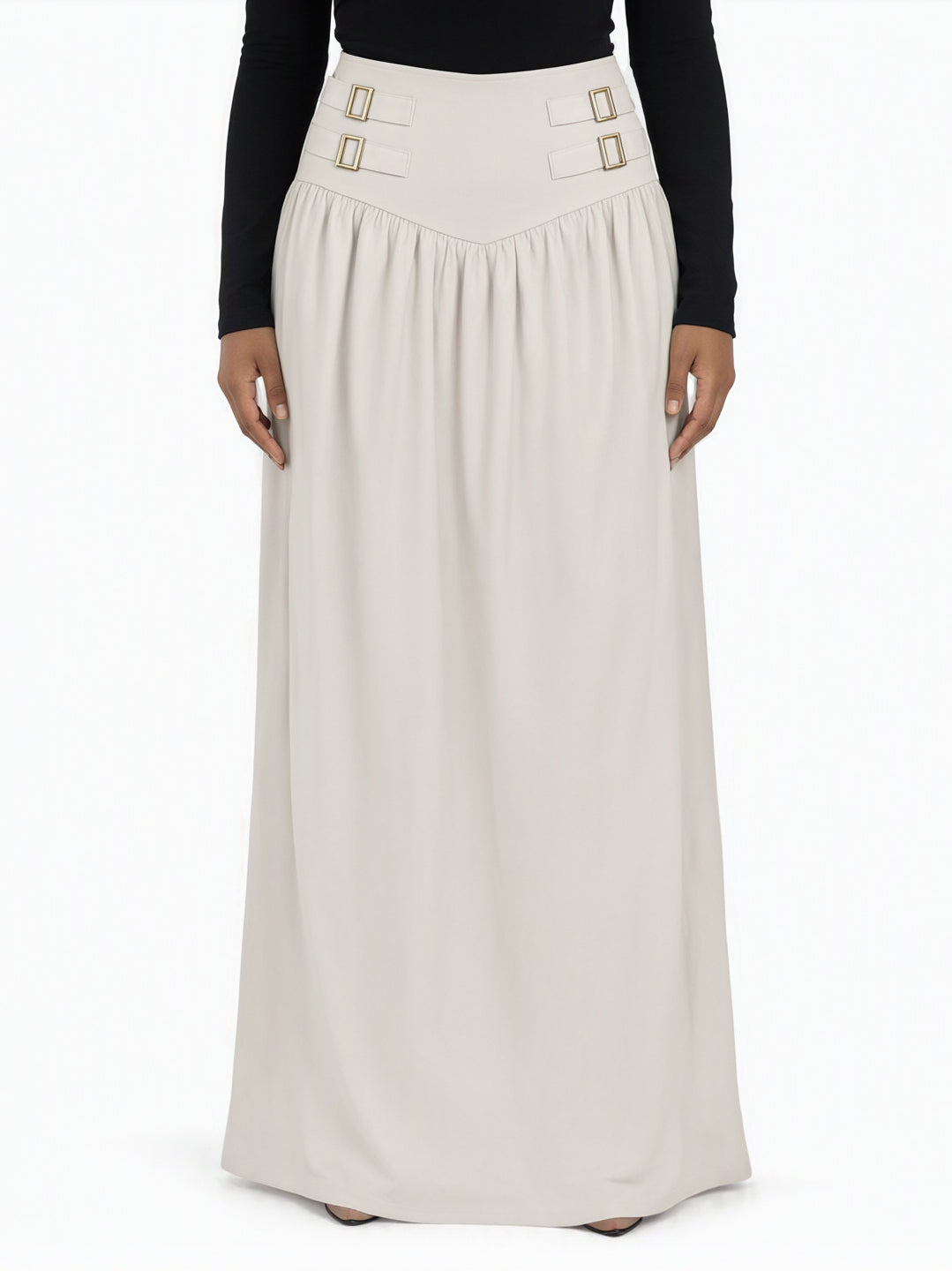 Ivory Equestrian buckle waist modest maxi skirt Kabayare