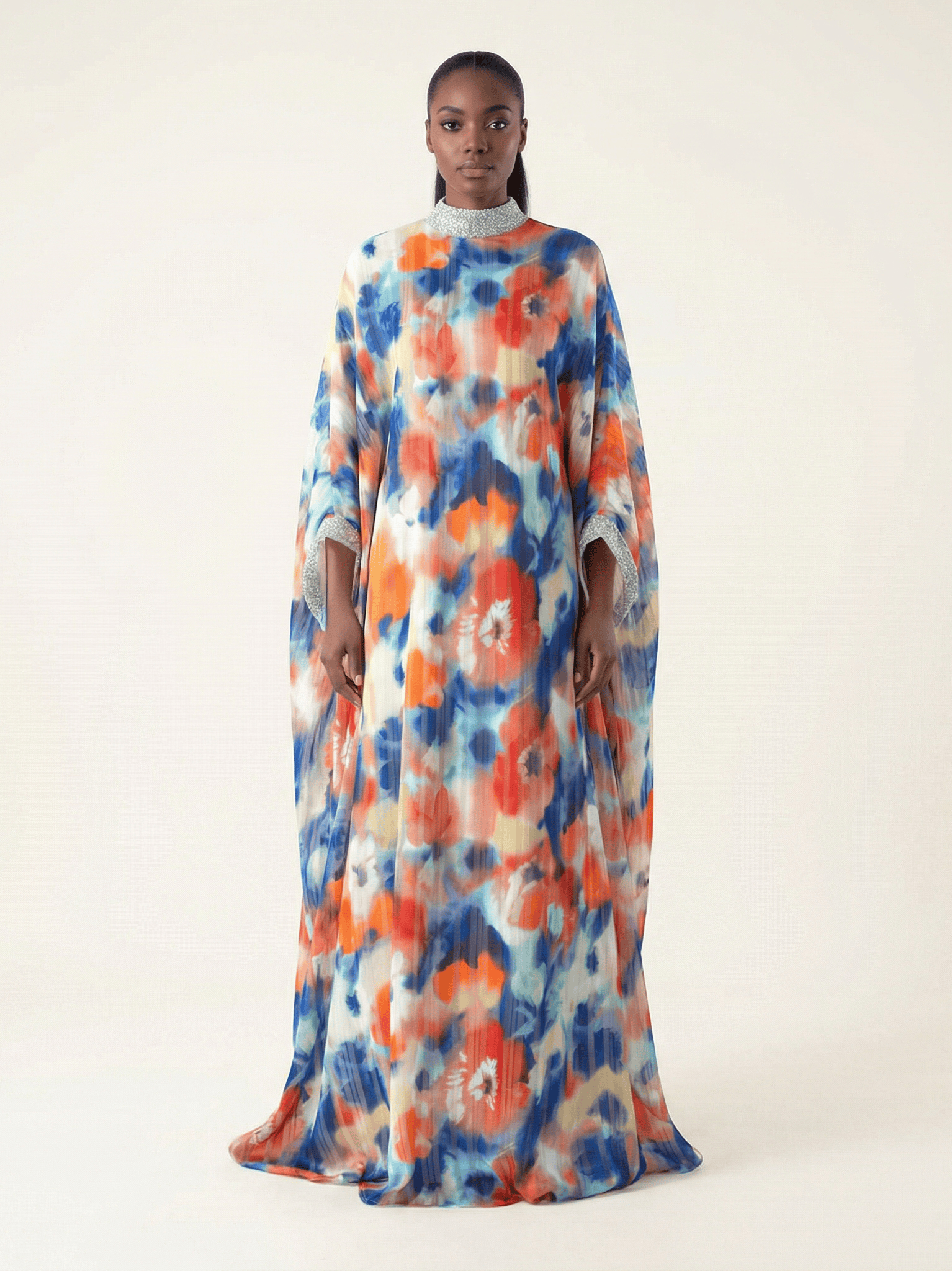 Kaftan abaya Zohra Blue and red tone silk chiffon Kabayare