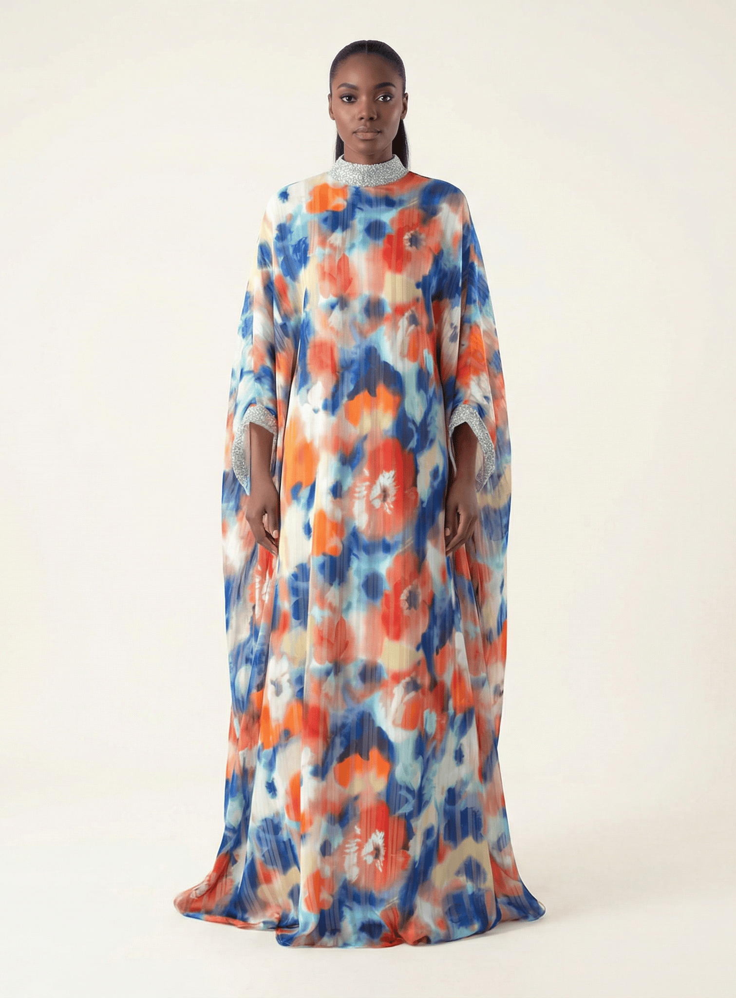 Kaftan abaya Zohra Blue and red tone silk chiffon Kabayare