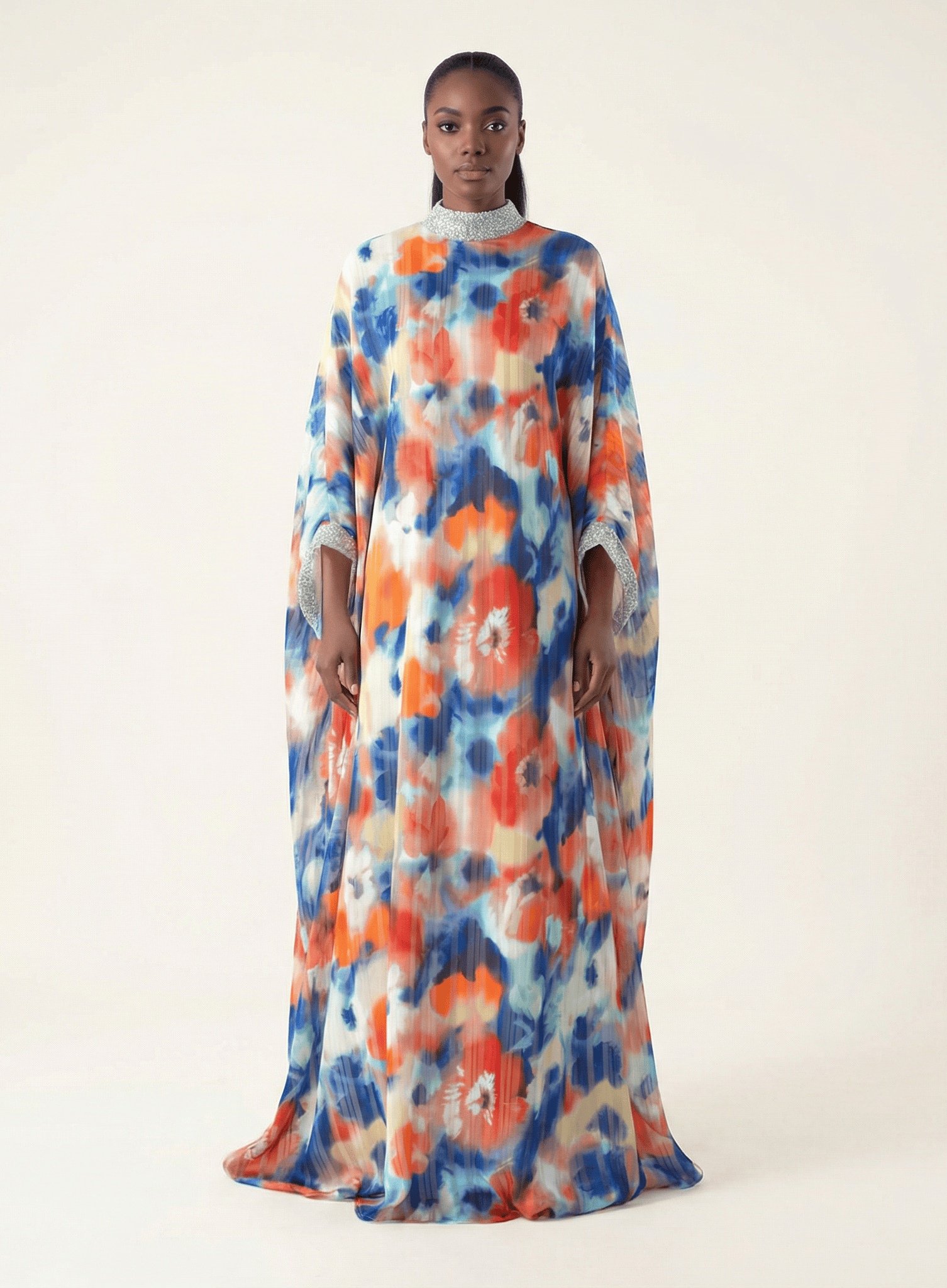 Kaftan abaya Zohra Blue and red tone silk chiffon Kabayare