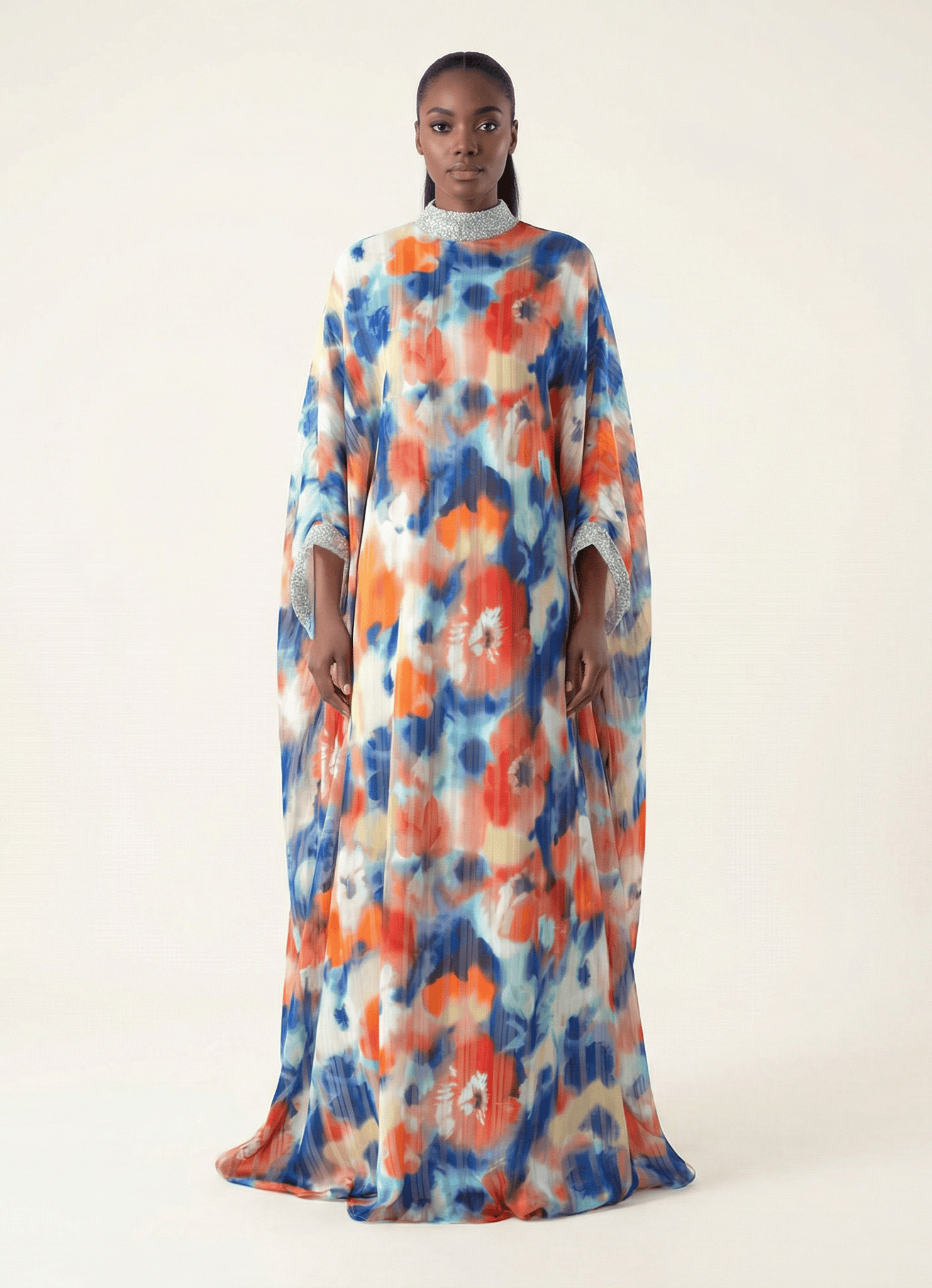 Kaftan abaya Zohra Blue and red tone silk chiffon Kabayare
