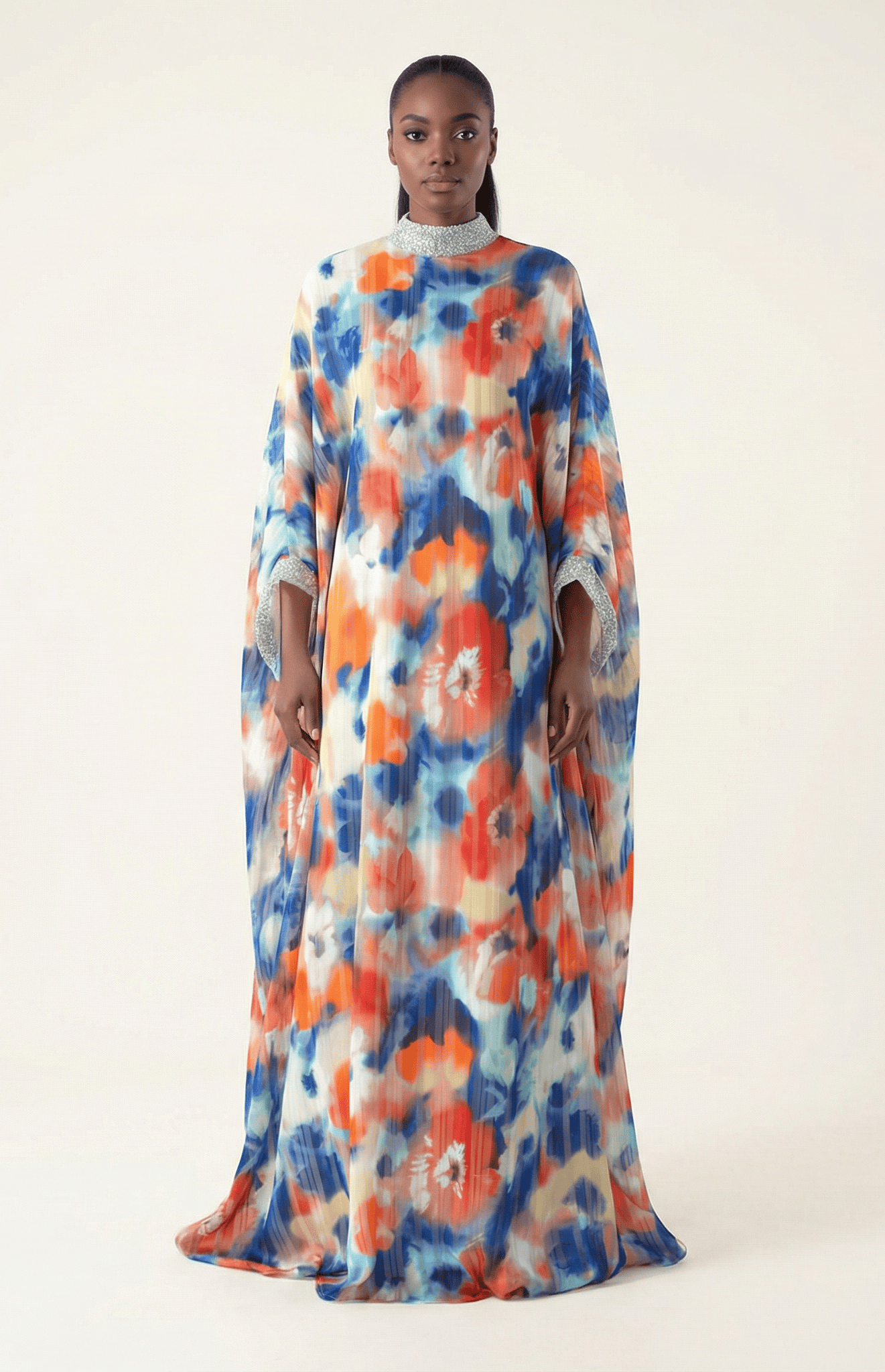 Kaftan abaya Zohra Blue and red tone silk chiffon Kabayare