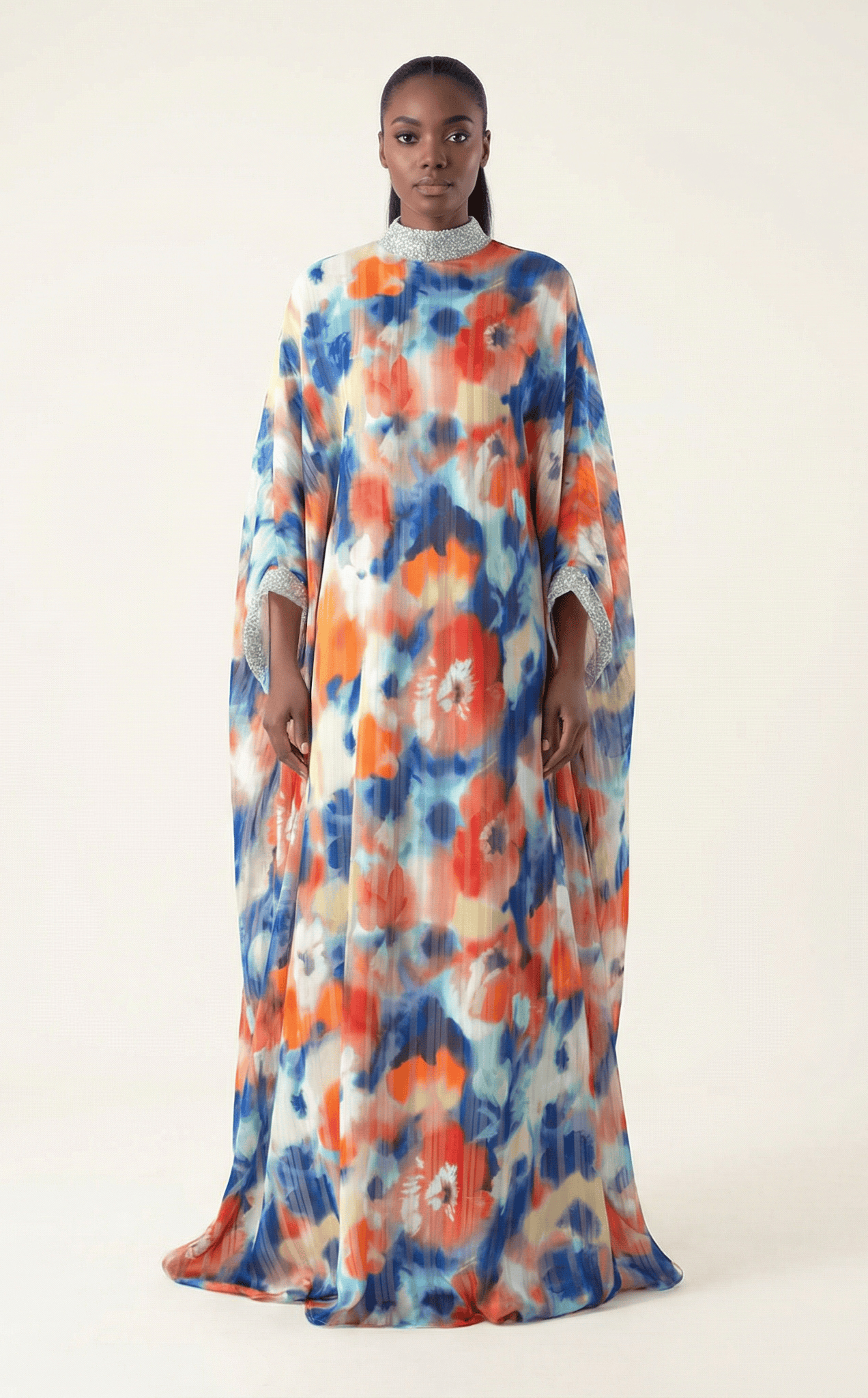 Kaftan abaya Zohra Blue and red tone silk chiffon Kabayare
