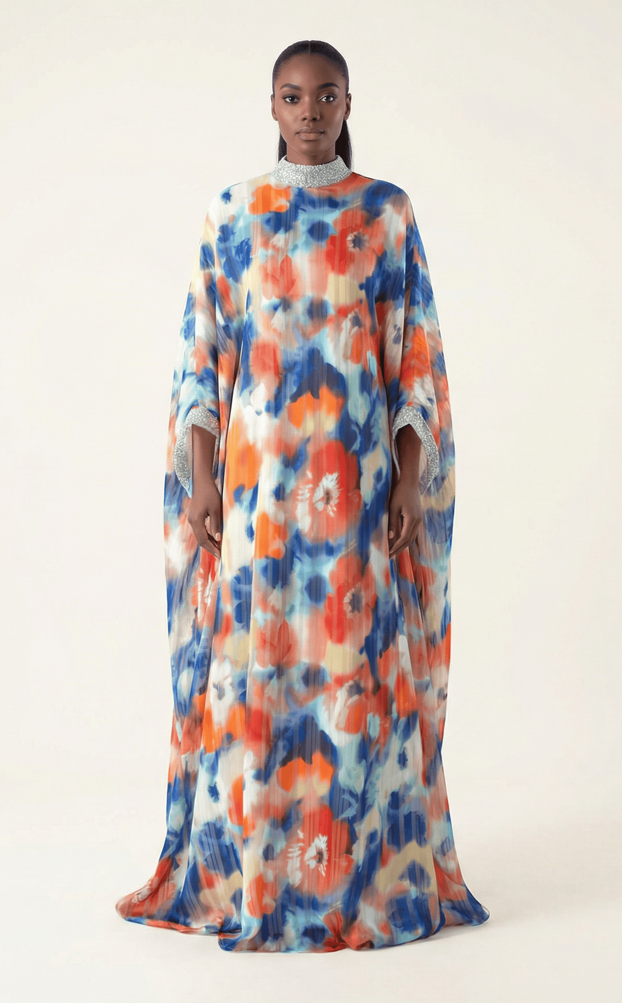Kaftan abaya Zohra Blue and red tone silk chiffon Kabayare