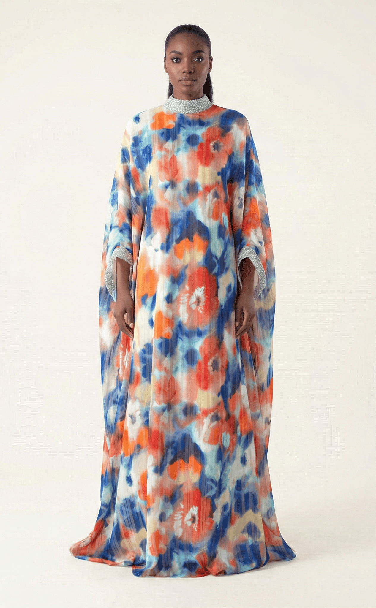 Kaftan abaya Zohra Blue and red tone silk chiffon Kabayare