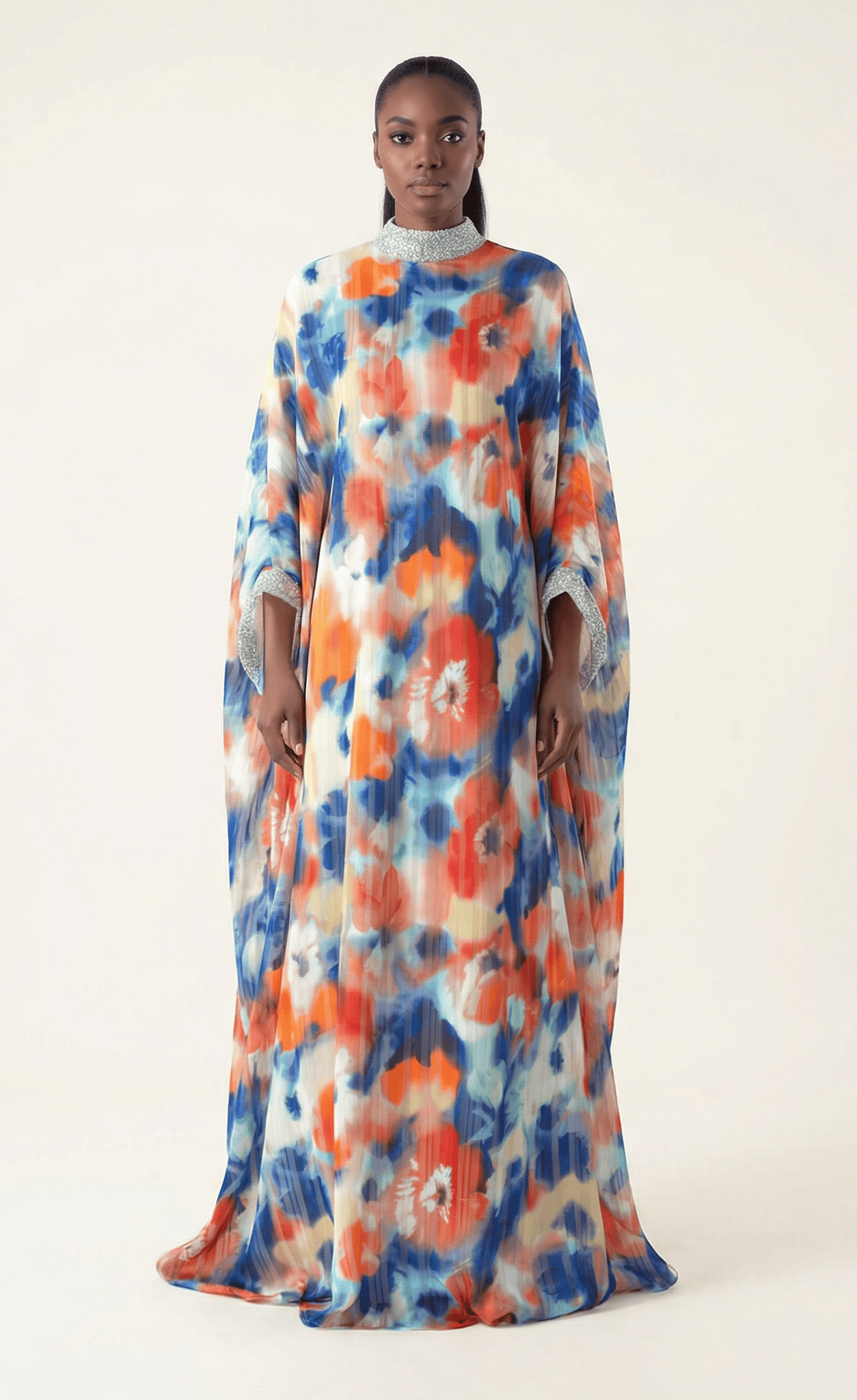 Kaftan abaya Zohra Blue and red tone silk chiffon Kabayare