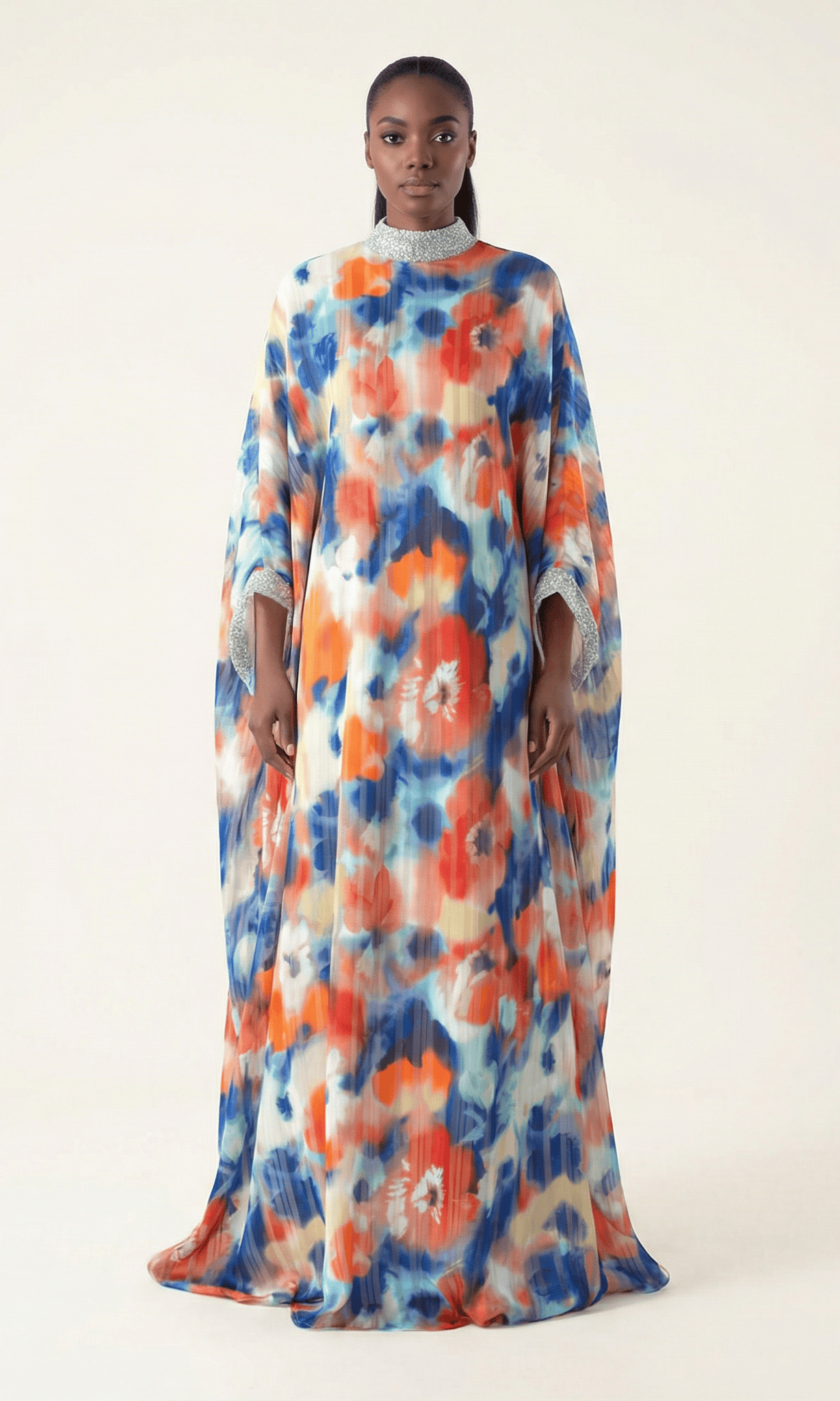 Kaftan abaya Zohra Blue and red tone silk chiffon Kabayare
