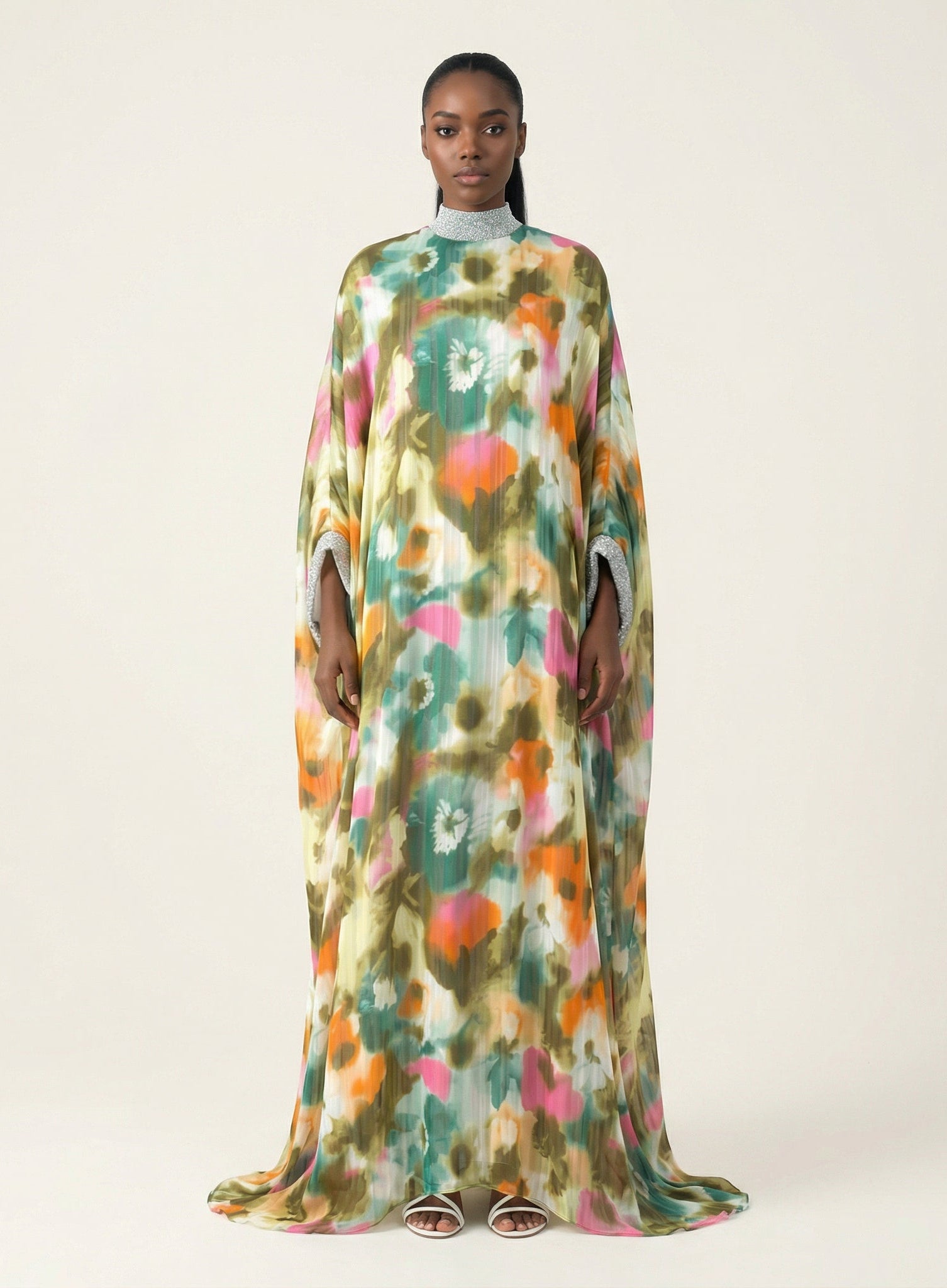 Kaftan abaya Zohra Olive tone silk chiffon shimmer Kabayare