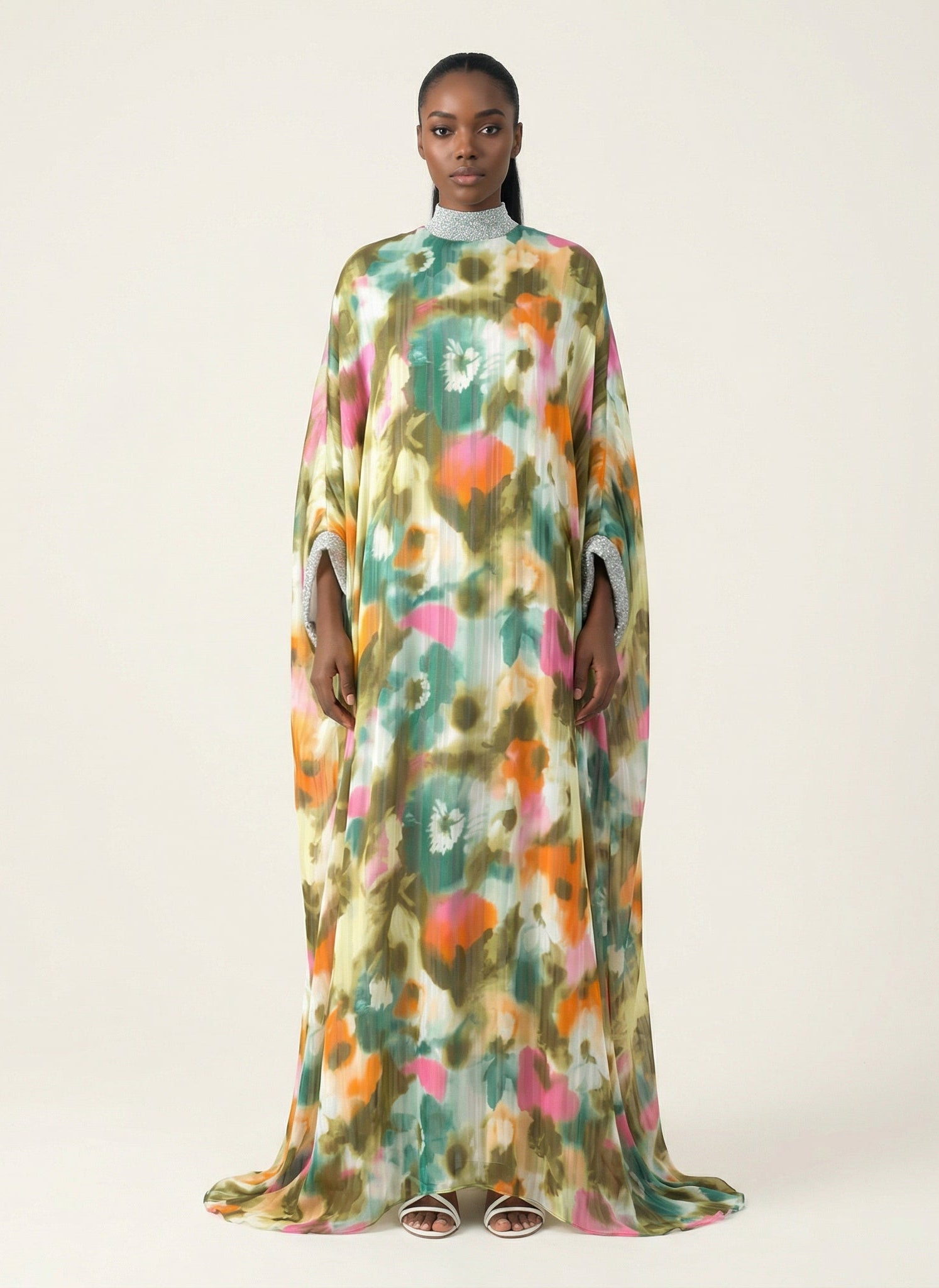 Kaftan abaya Zohra Olive tone silk chiffon shimmer Kabayare