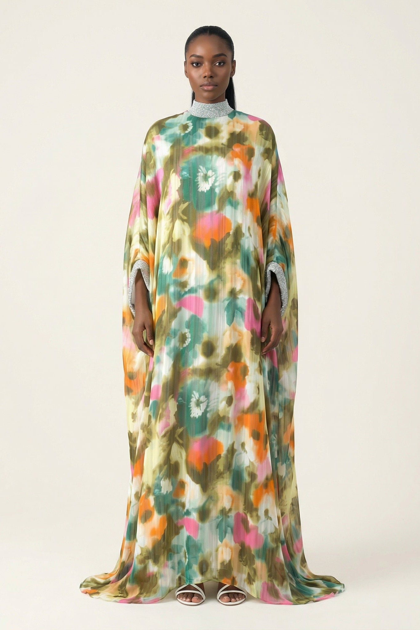 Kaftan abaya Zohra Olive tone silk chiffon shimmer Kabayare