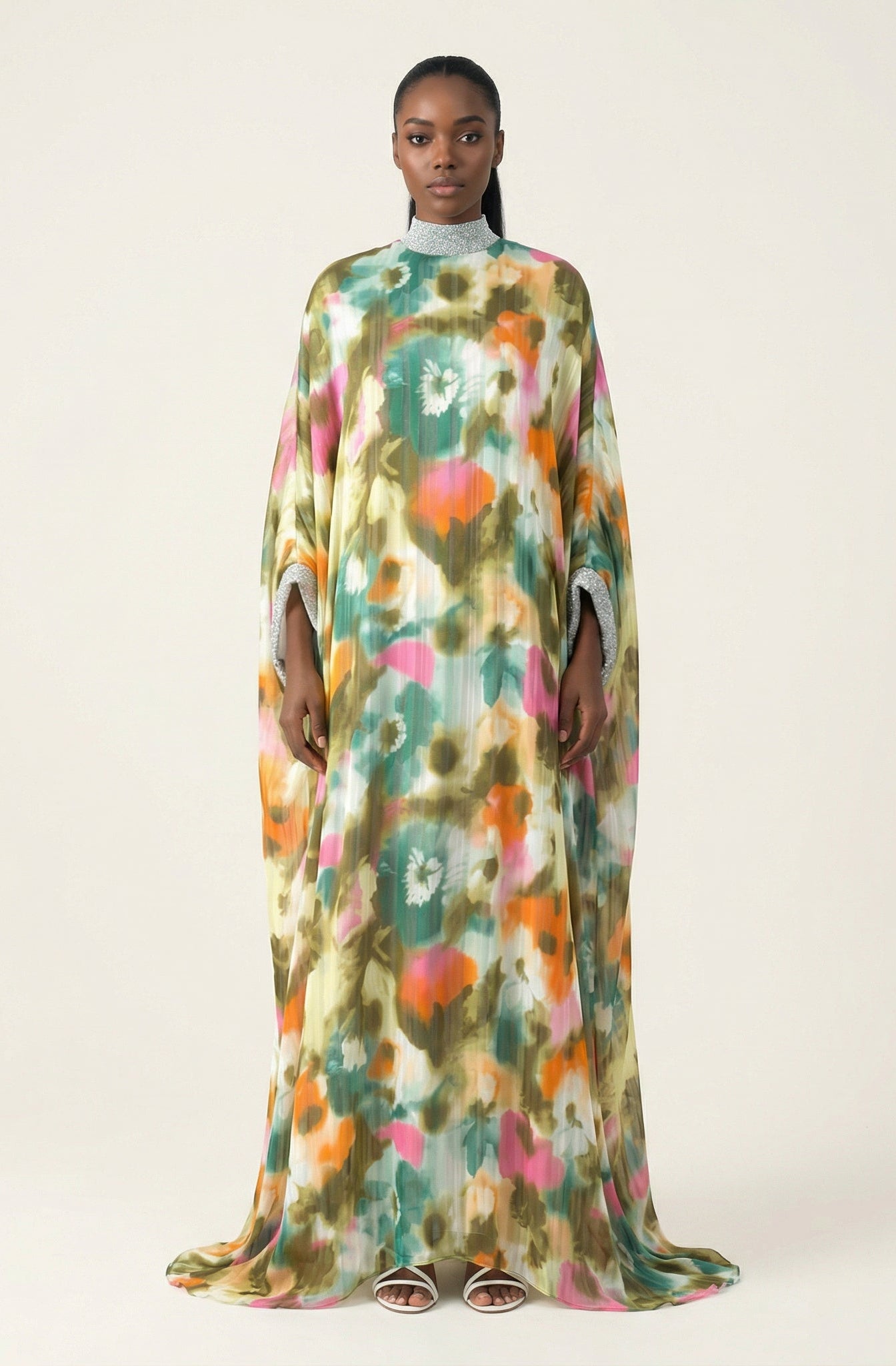 Kaftan abaya Zohra Olive tone silk chiffon shimmer Kabayare