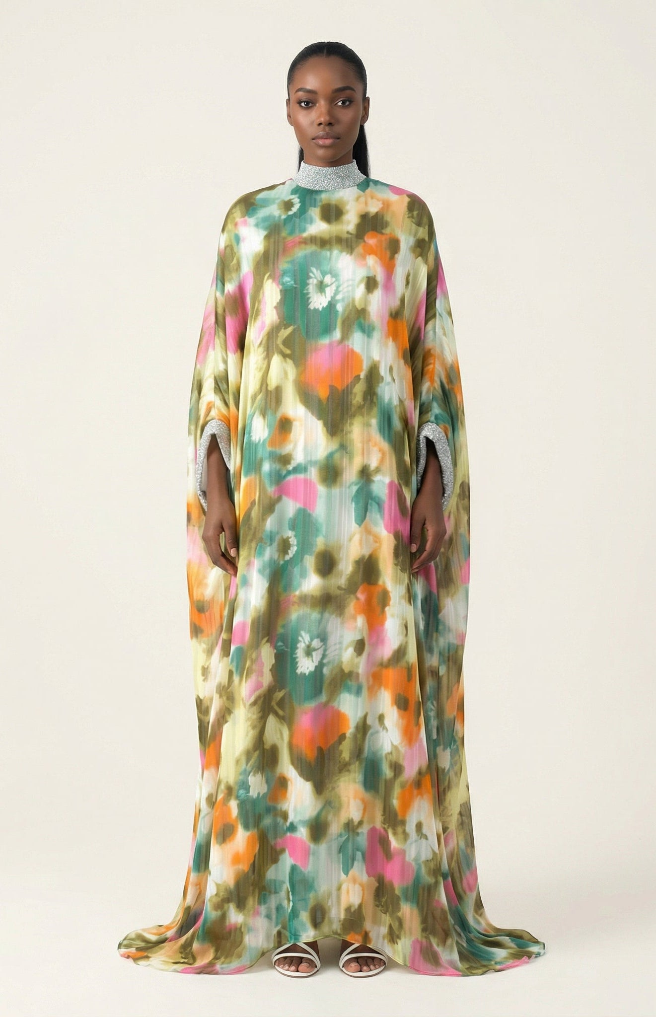 Kaftan abaya Zohra Olive tone silk chiffon shimmer Kabayare