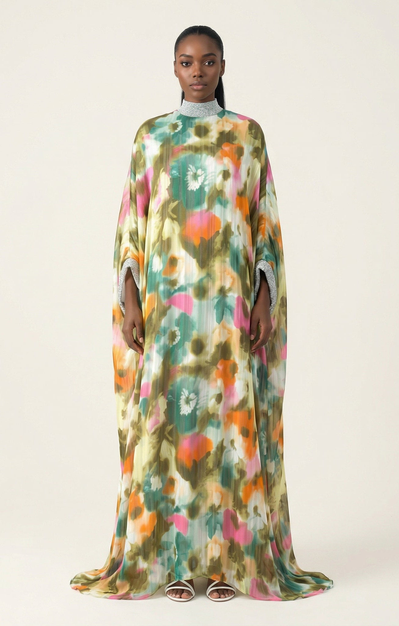 Kaftan abaya Zohra Olive tone silk chiffon shimmer Kabayare
