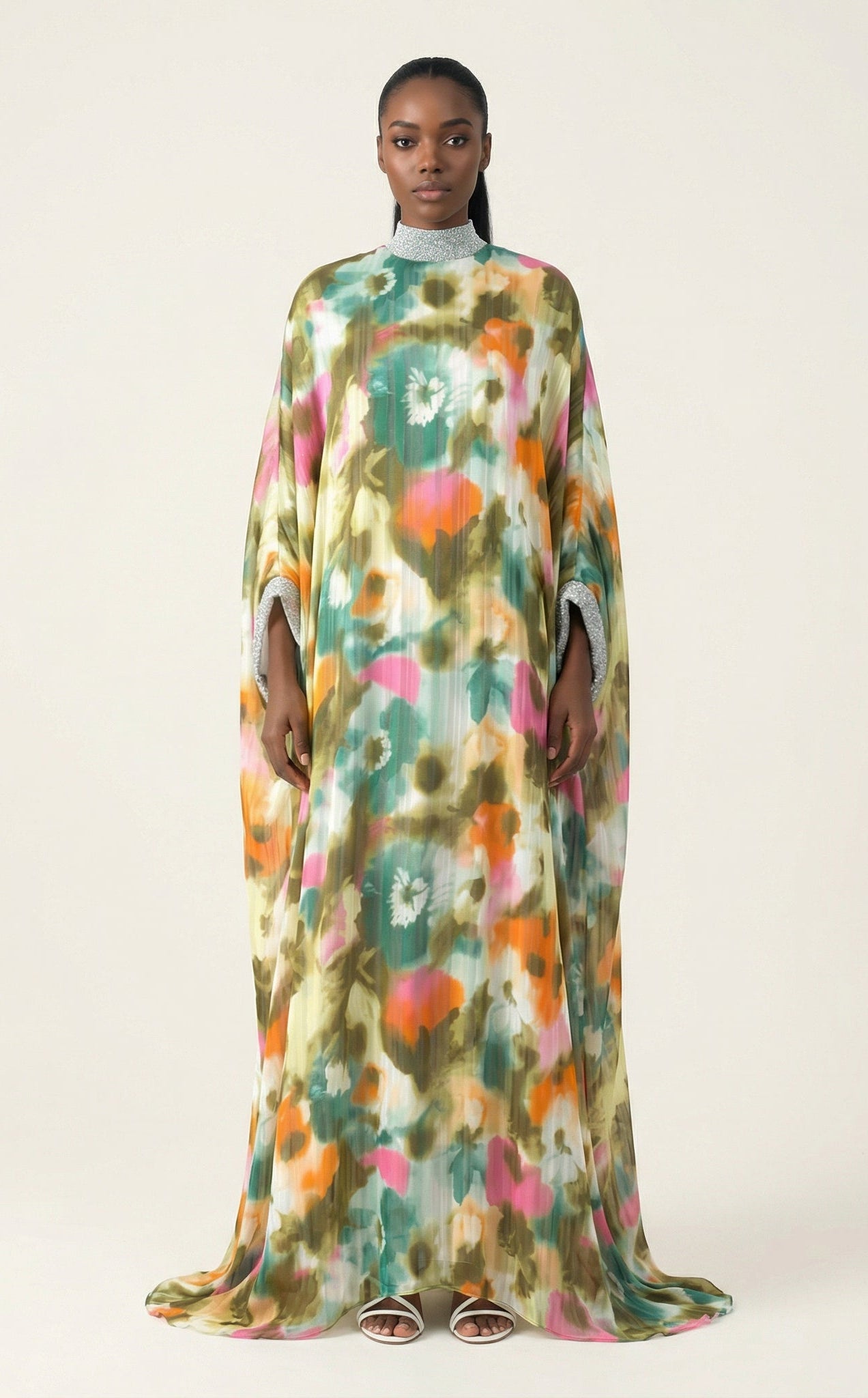 Kaftan abaya Zohra Olive tone silk chiffon shimmer Kabayare