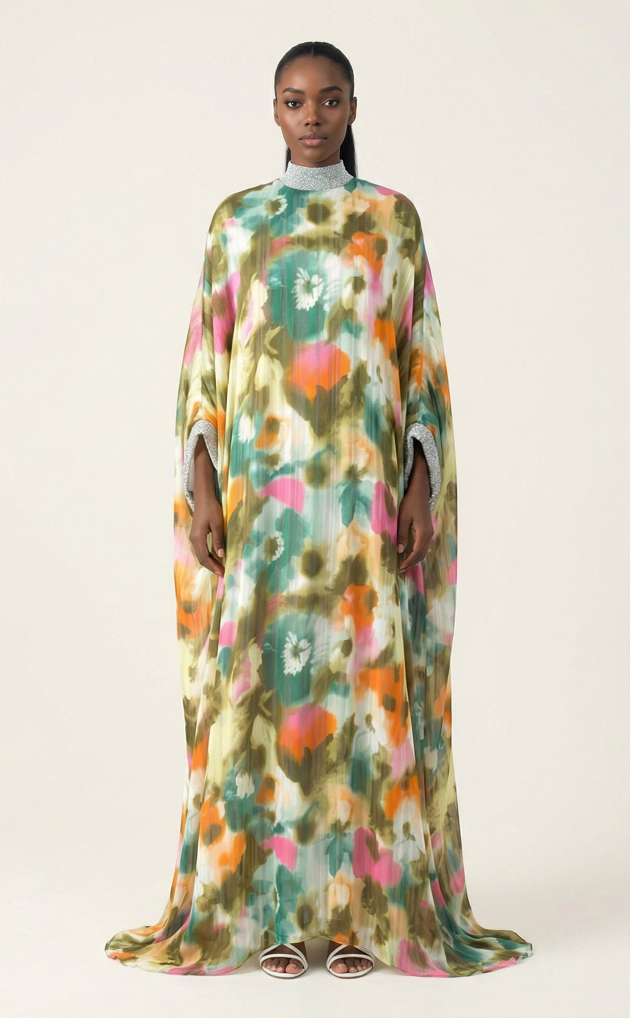 Kaftan abaya Zohra Olive tone silk chiffon shimmer Kabayare