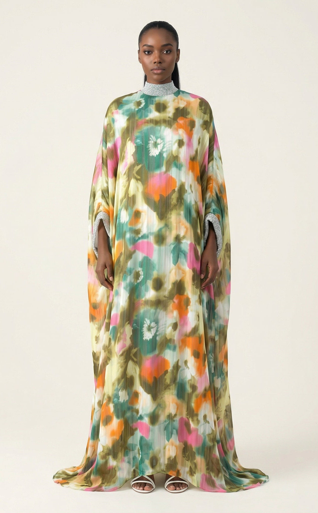 Kaftan abaya Zohra Olive tone silk chiffon shimmer Kabayare