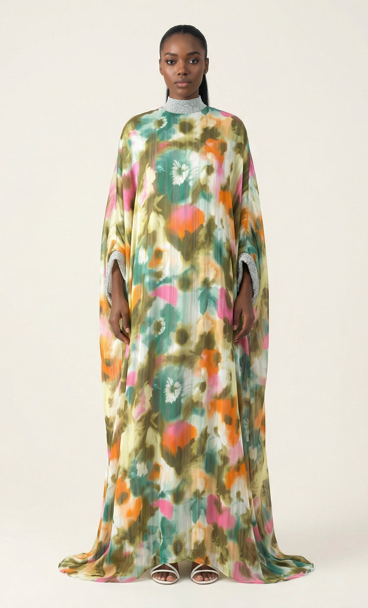 Kaftan abaya Zohra Olive tone silk chiffon shimmer Kabayare