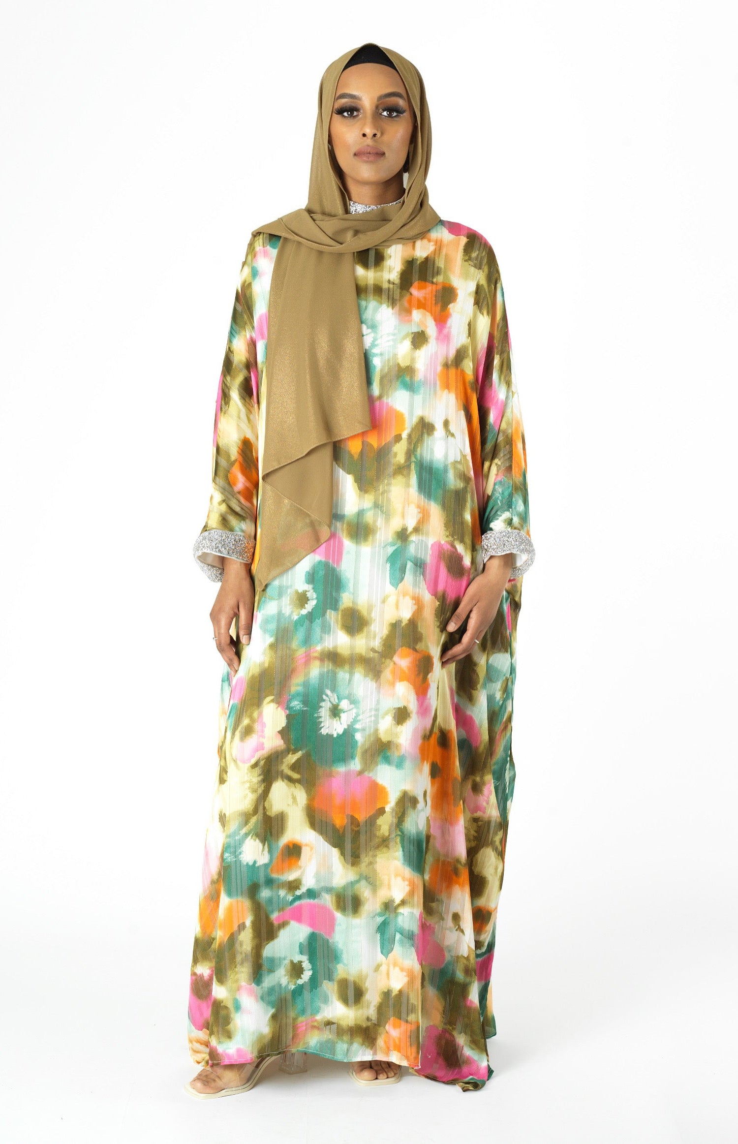 Kaftan abaya Zohra Olive tone silk chiffon shimmer Kabayare